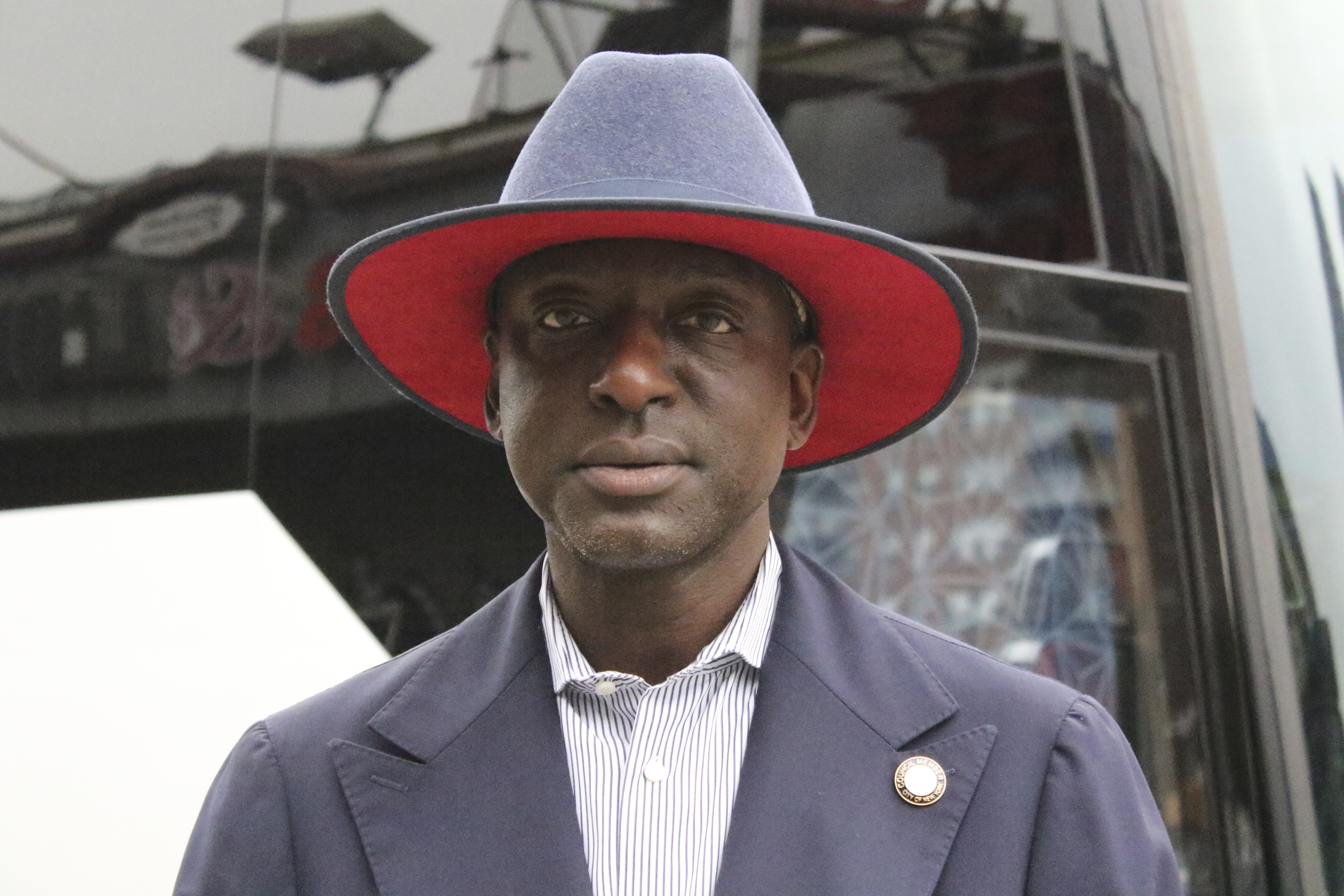 Yusef Salaam, New York City Council member and a member of ‘The Central Park Five,’ poses for a portrait at the National Action Network headquarters in the Harlem neighborhood of New York as members of the organization prepare to depart on a Get Out the Vote bus tour on Friday, Sep. 27, 2024. (AP Photo/Noreen Nasir)