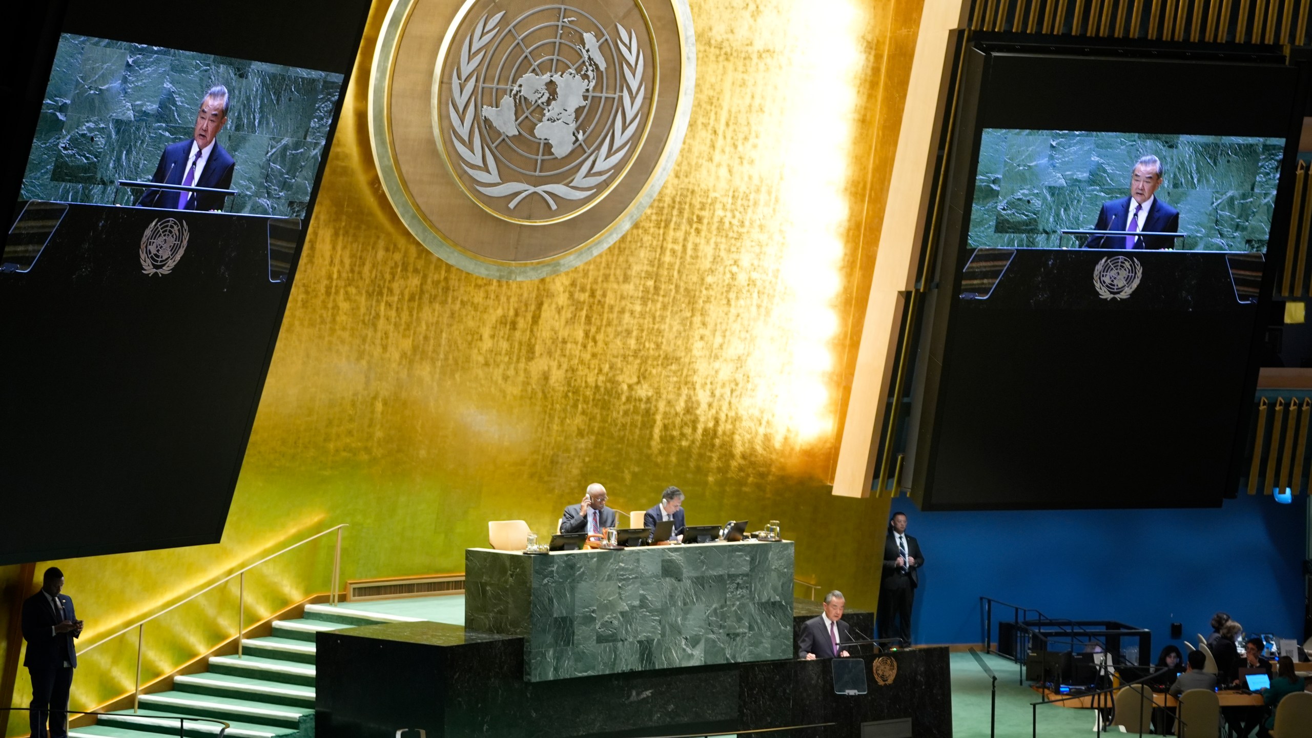 China's Minister for Foreign Affairs Wang Yi addresses the 79th session of the United Nations General Assembly, Saturday, Sept. 28, 2024. (AP Photo/Pamela Smith)