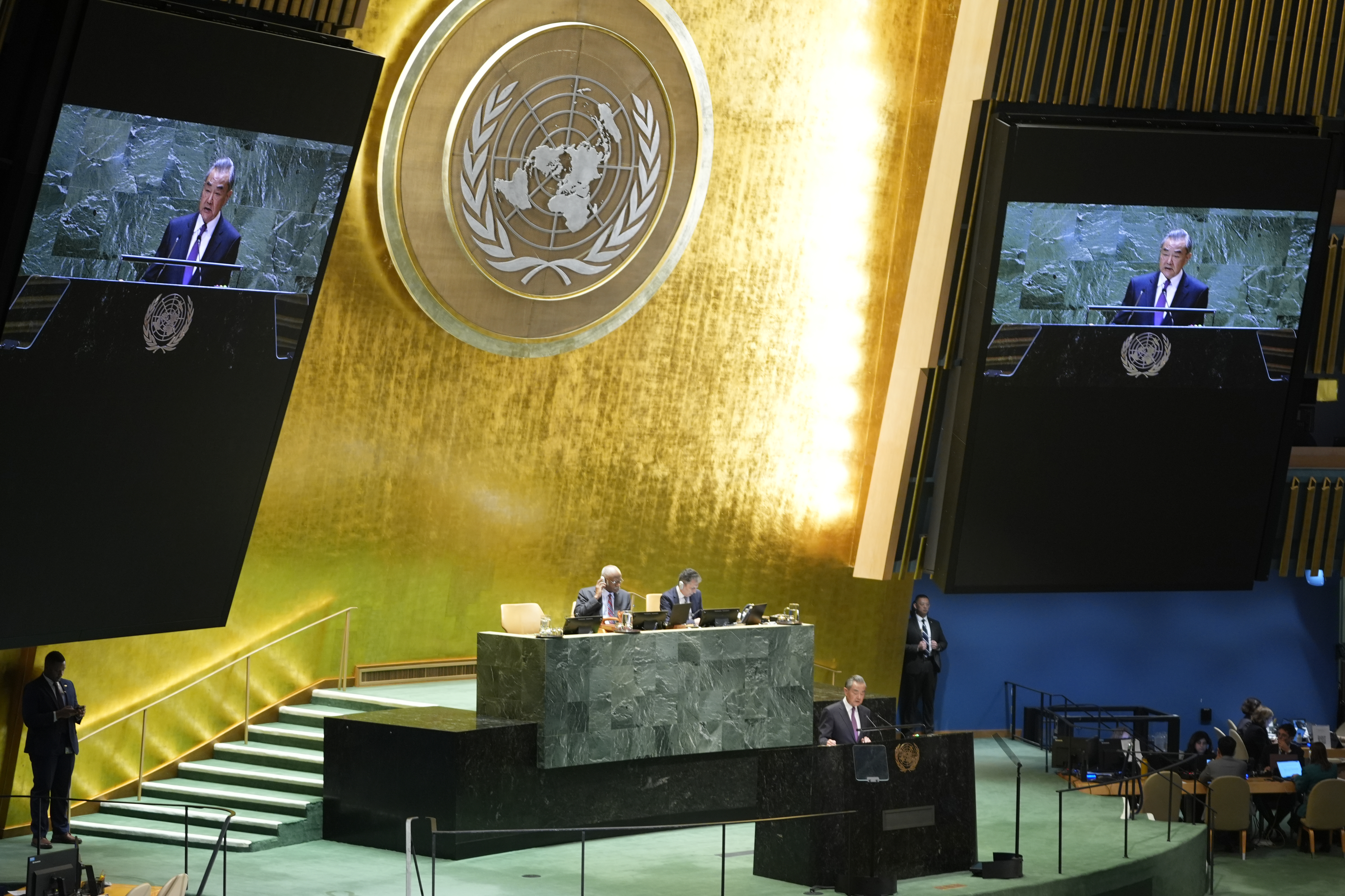 China's Minister for Foreign Affairs Wang Yi addresses the 79th session of the United Nations General Assembly, Saturday, Sept. 28, 2024. (AP Photo/Pamela Smith)