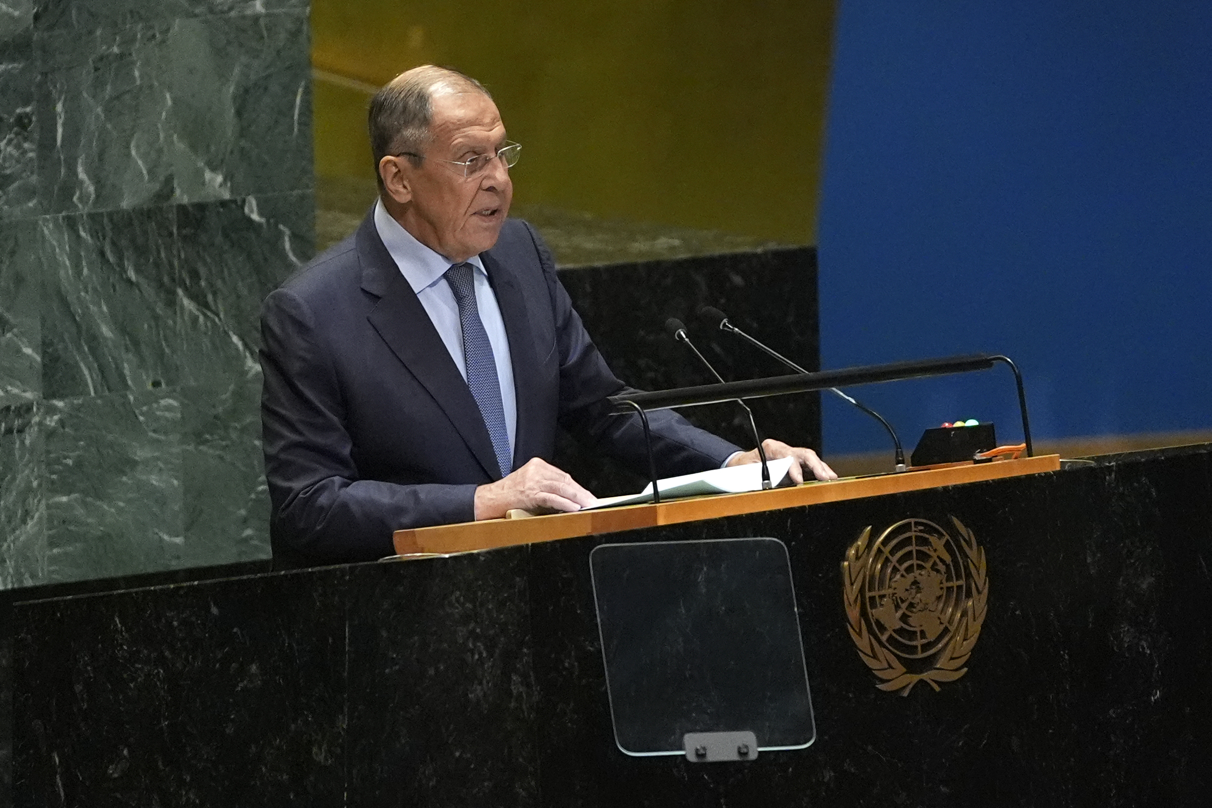 Russia's Minister for Foreign Affairs Sergey Lavrov addresses the 79th session of the United Nations General Assembly, Saturday, Sept. 28, 2024. (AP Photo/Pamela Smith)