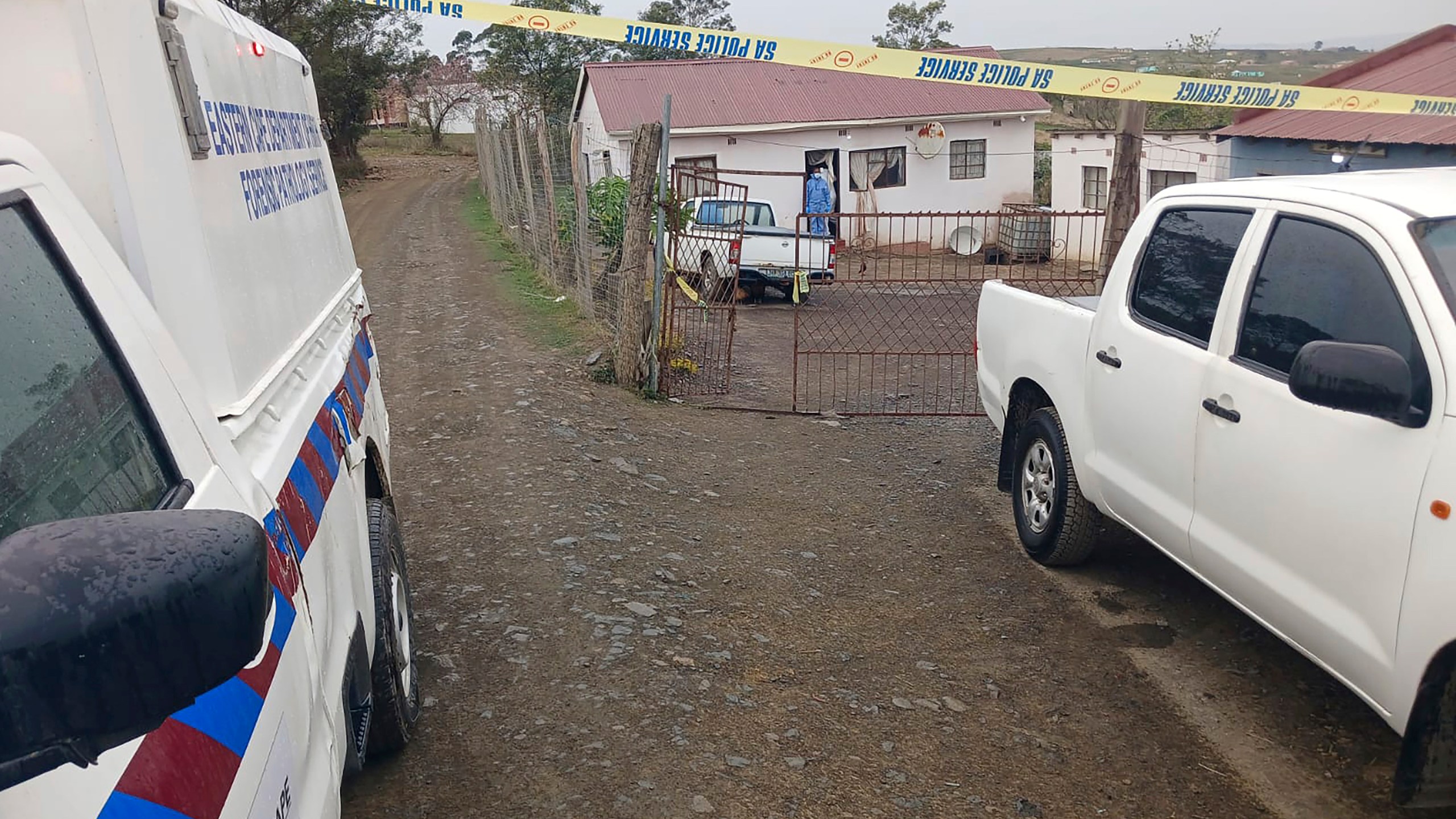 This photo supplied by the South Africa Police Services (SAPS) shows the scene where seventeen people were killed in two mass shootings that took place in close proximity to each other Friday night in Lusikisiki, South Africa, police said Saturday, Sept. 28, 2024. (South African Police Services via AP)