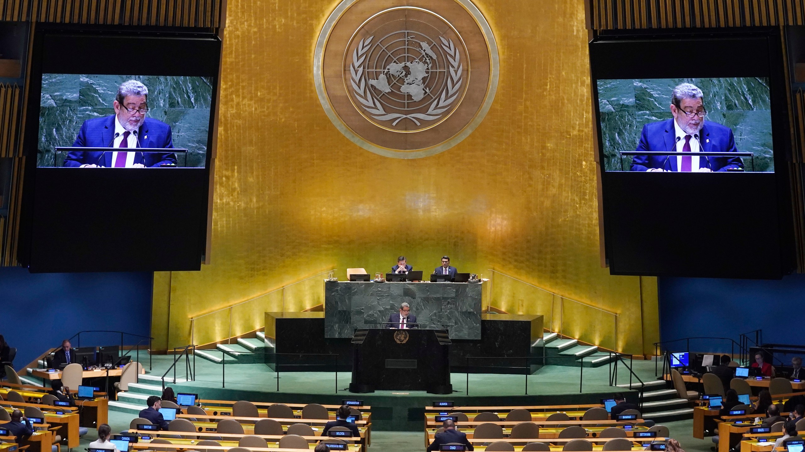 Saint Vincent and the Grenadines Prime Minister Ralph Gonsalves addresses the 79th session of the United Nations General Assembly, Friday, Sept. 27, 2024. (AP Photo/Richard Drew)