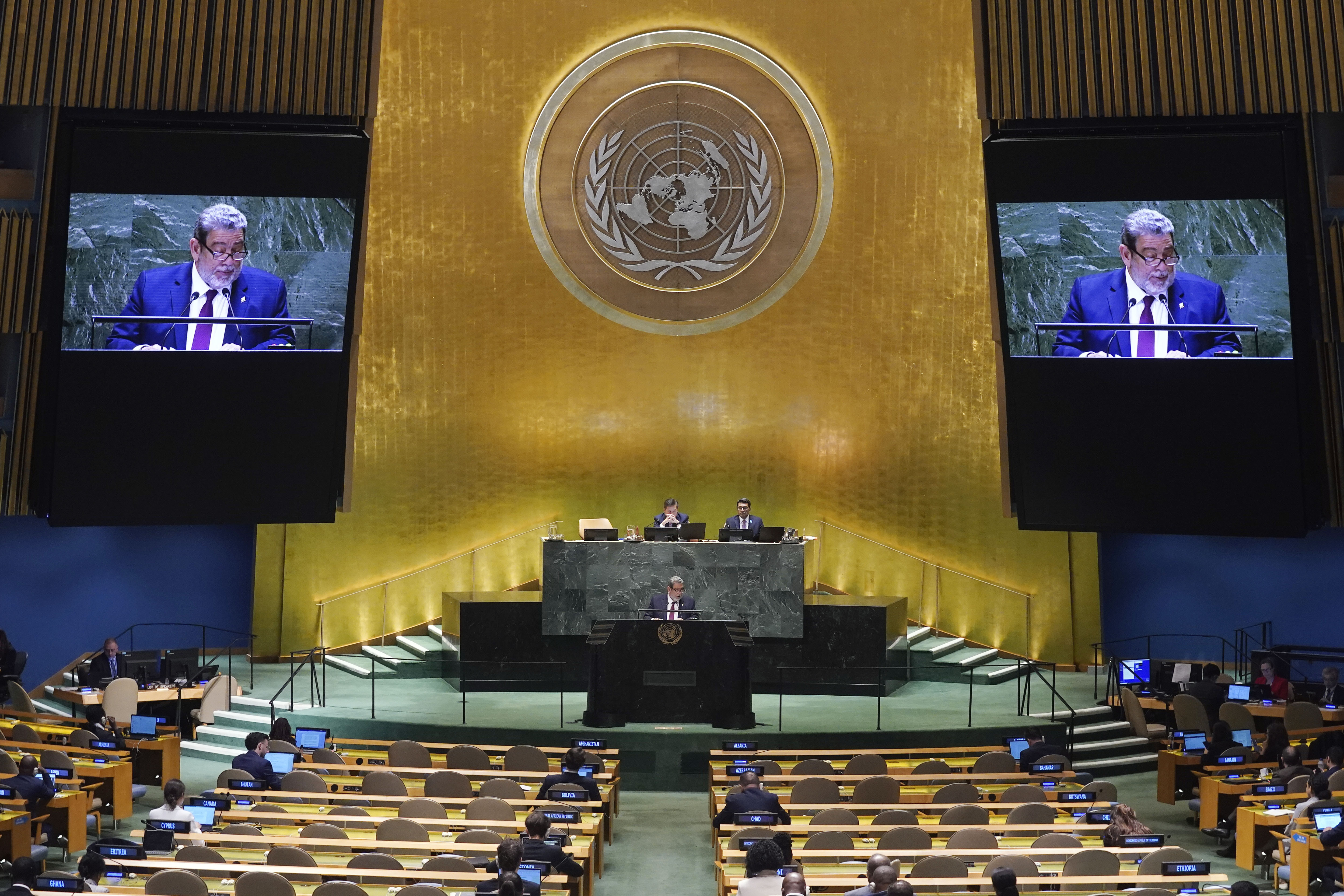 Saint Vincent and the Grenadines Prime Minister Ralph Gonsalves addresses the 79th session of the United Nations General Assembly, Friday, Sept. 27, 2024. (AP Photo/Richard Drew)