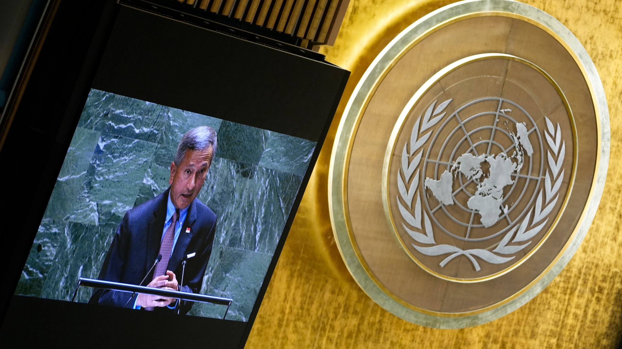 Singapore's Minister for Foreign Affairs Vivian Balakrishnan addresses the 79th session of the United Nations General Assembly, Saturday, Sept. 28, 2024. (AP Photo/Pamela Smith)