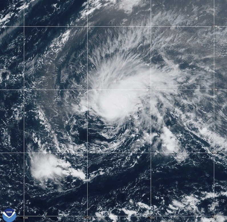 This satellite map provided by National Oceanic and Atmospheric Administration (NOAA) shows Tropical Storm Joyce in the Atlantic on Friday, Sept. 27, 2024. (NOAA via AP)