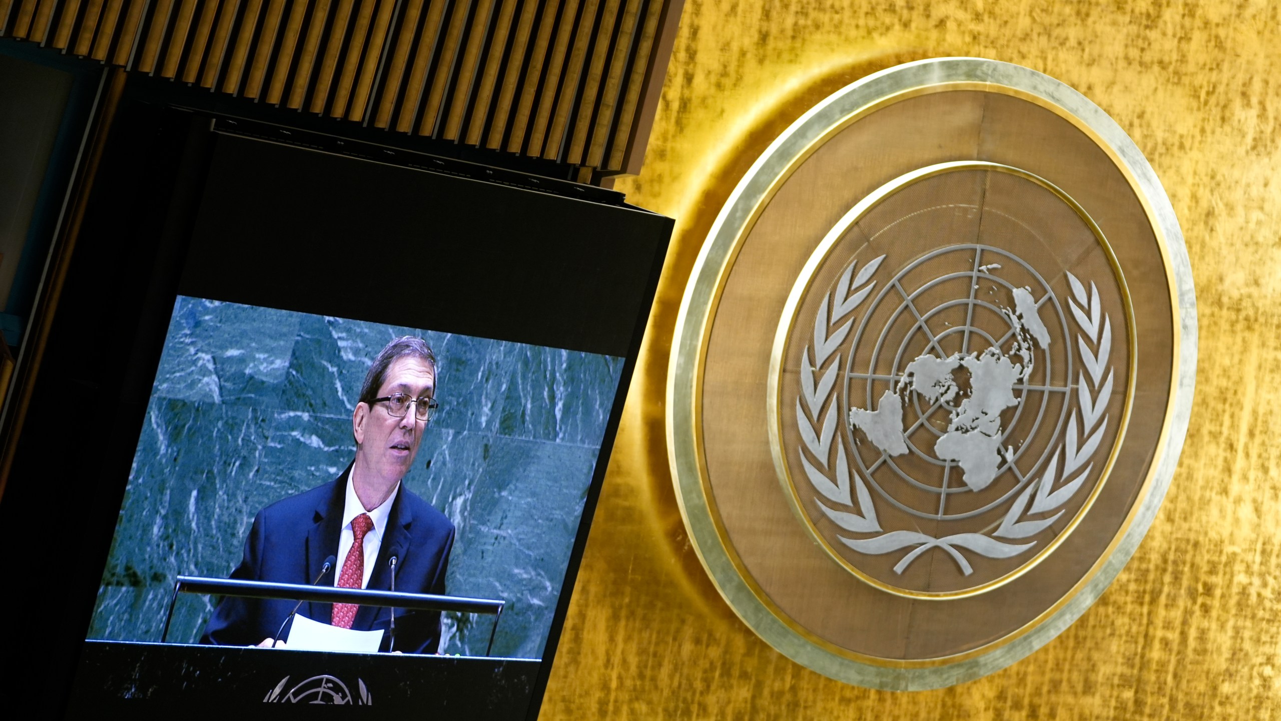 Cuba's Minister for Foreign Affairs Bruno Eduardo Rodríguez Parrilla addresses the 79th session of the United Nations General Assembly, Saturday, Sept. 28, 2024. (AP Photo/Pamela Smith)