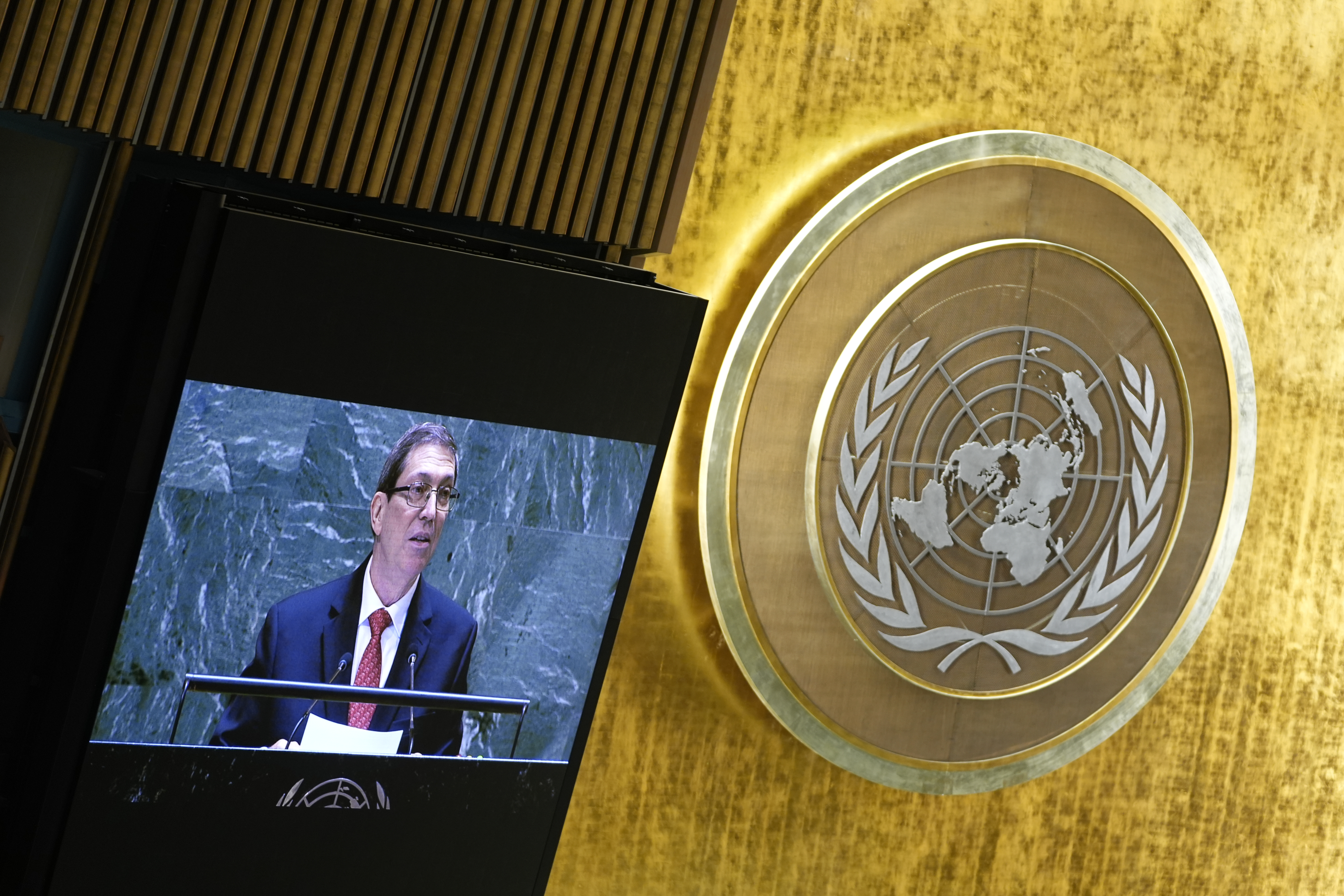 Cuba's Minister for Foreign Affairs Bruno Eduardo Rodríguez Parrilla addresses the 79th session of the United Nations General Assembly, Saturday, Sept. 28, 2024. (AP Photo/Pamela Smith)