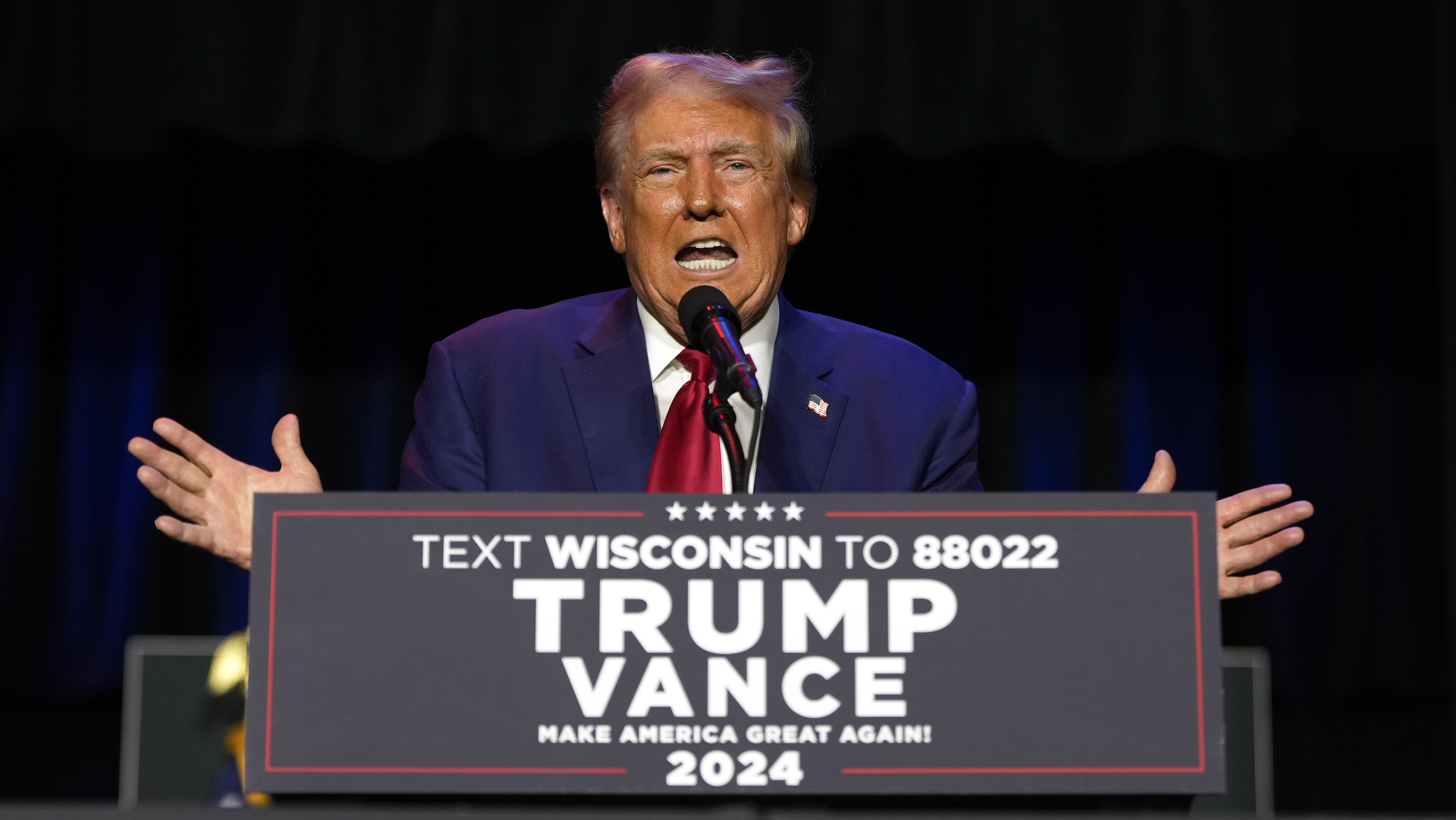 Republican presidential nominee former President Donald Trump speaks at a campaign event Saturday, Sept. 28, 2024, in Prairie du Chien, Wis. (AP Photo/Morry Gash)