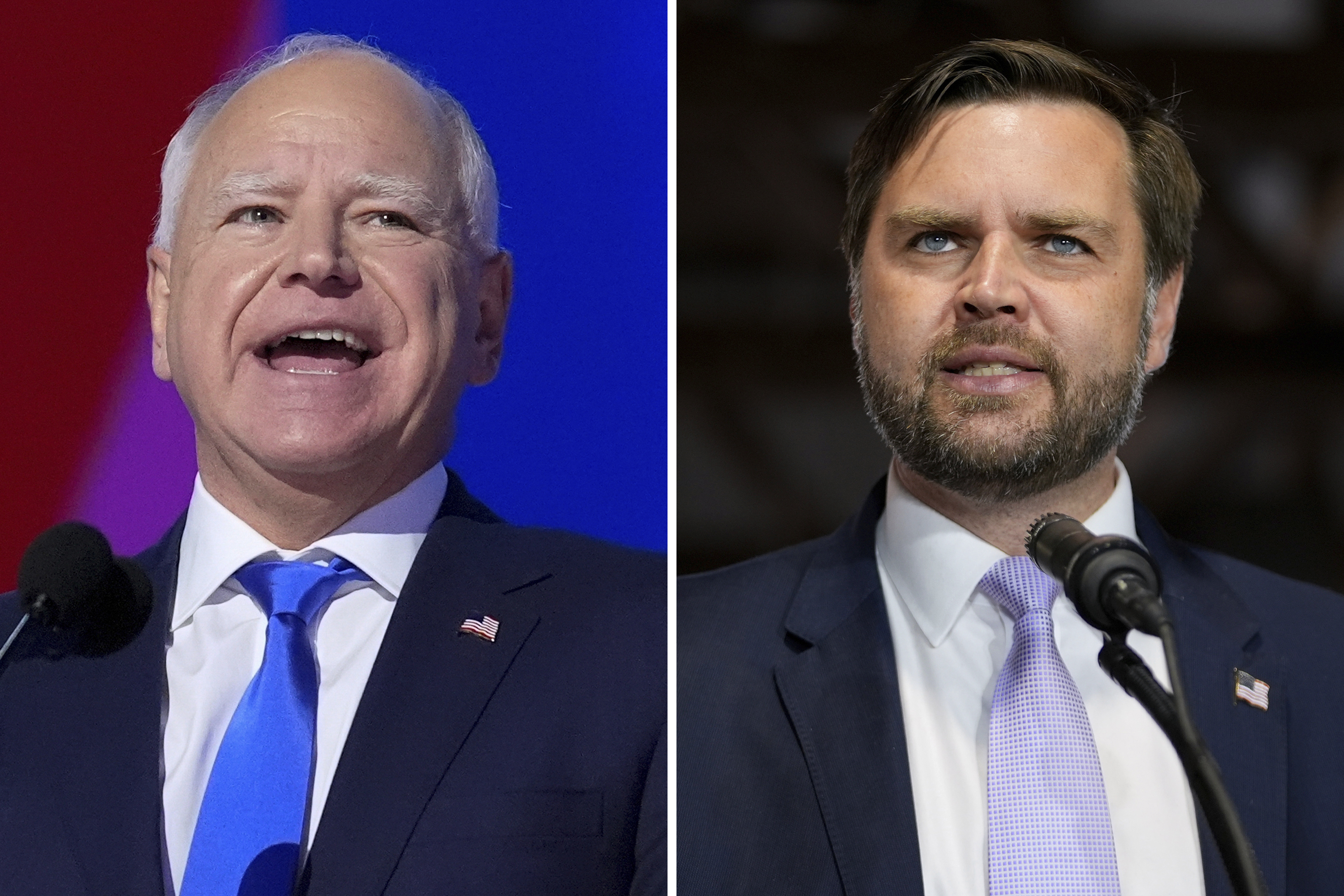 This combination of photos shows Democratic vice presidential candidate Minnesota Gov. Tim Walz, left, at the DNC on Aug. 21, 2024, in Chicago, and Republican vice presidential nominee Sen. JD Vance, R-Ohio, on Sept. 25, 2024, in Traverse City, Mich. (AP Photo)