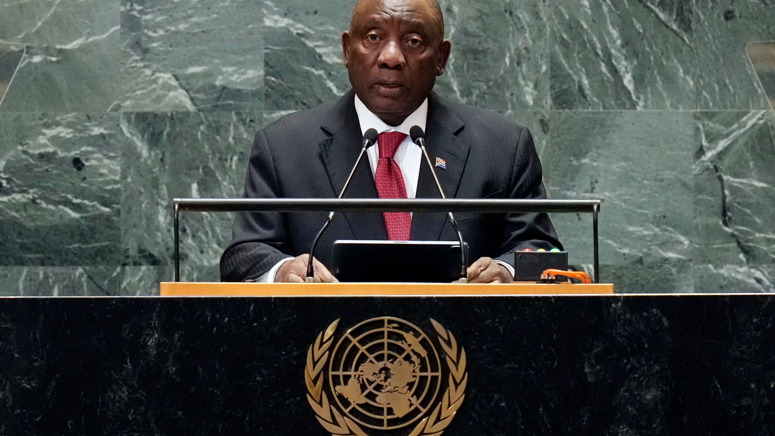 FILE - South Africa President Cyril Ramaphosa addresses the 79th session of the United Nations General Assembly, Tuesday, Sept. 24, 2024. (AP Photo/Richard Drew, File)