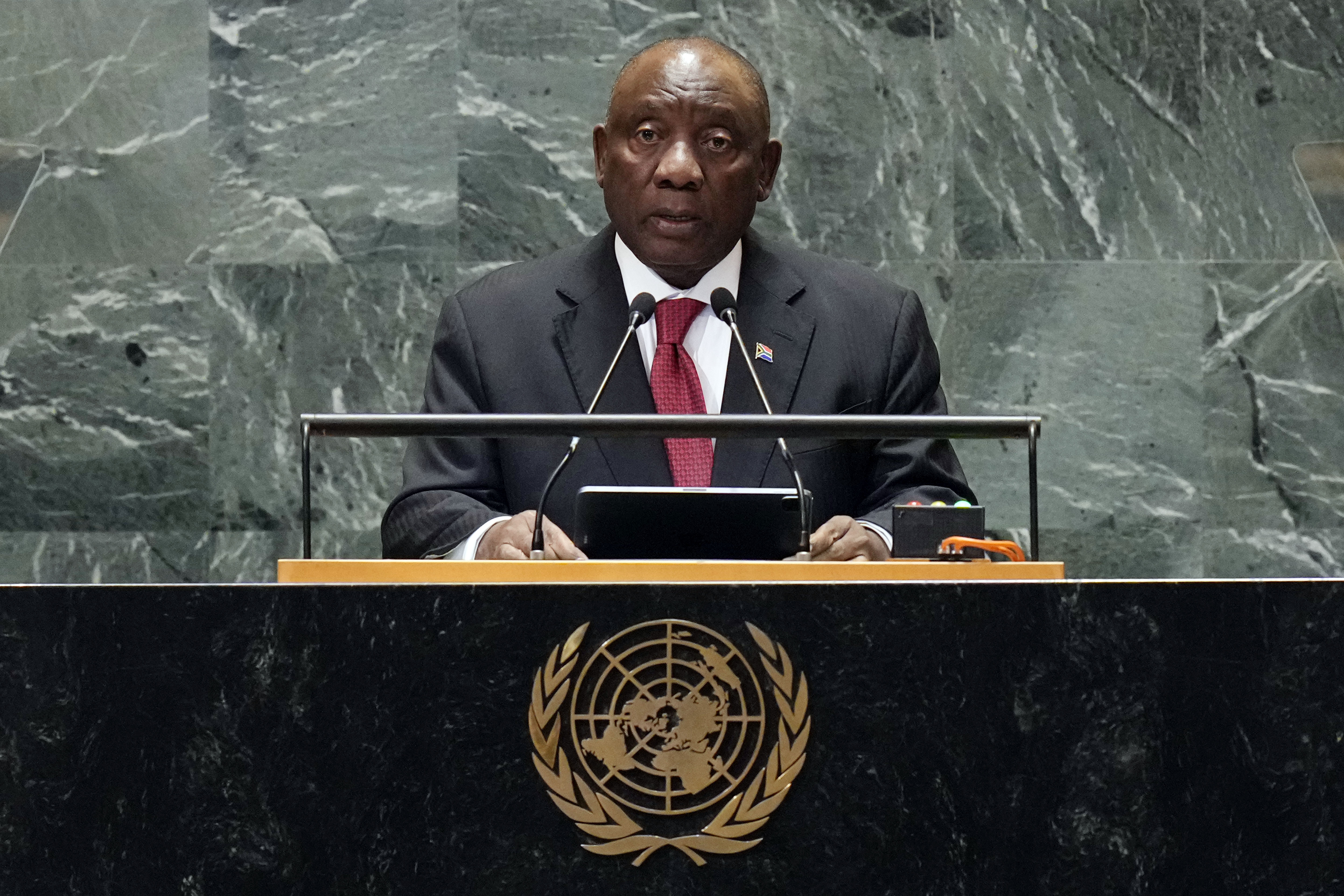 FILE - South Africa President Cyril Ramaphosa addresses the 79th session of the United Nations General Assembly, Tuesday, Sept. 24, 2024. (AP Photo/Richard Drew, File)