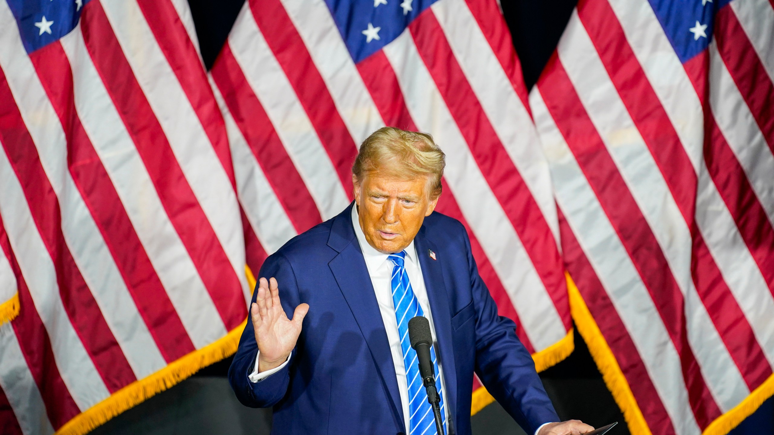 Republican presidential nominee former President Donald Trump speaks at a campaign event Tuesday, Oct. 1, 2024, at Discovery World in Milwaukee. (AP Photo/Andy Manis)