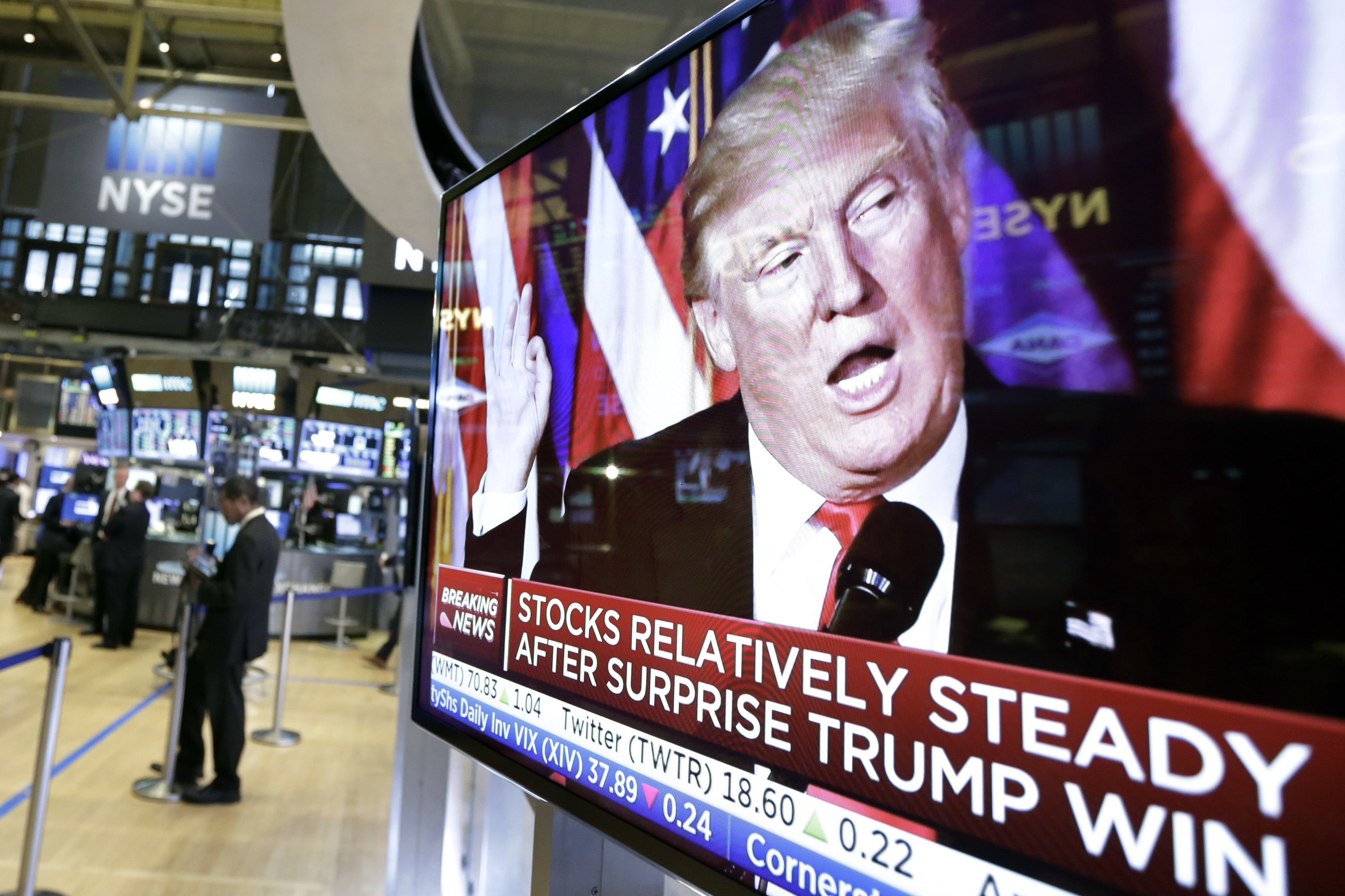 FILE - An image of President-elect Donald Trump appears on a television screen on the floor of the New York Stock Exchange, Nov. 9, 2016. (AP Photo/Richard Drew, File)