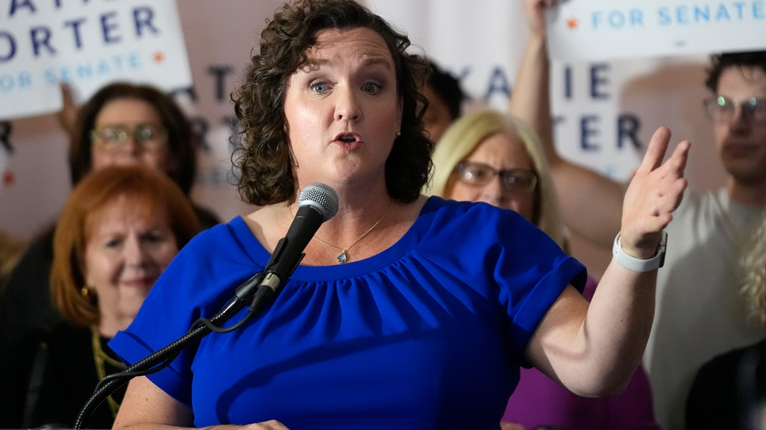 FILE - Rep. Katie Porter, D-Calif., speaks to supporters at an election night party, March 5, 2024, in Long Beach, Calif. (AP Photo/Damian Dovarganes, File)