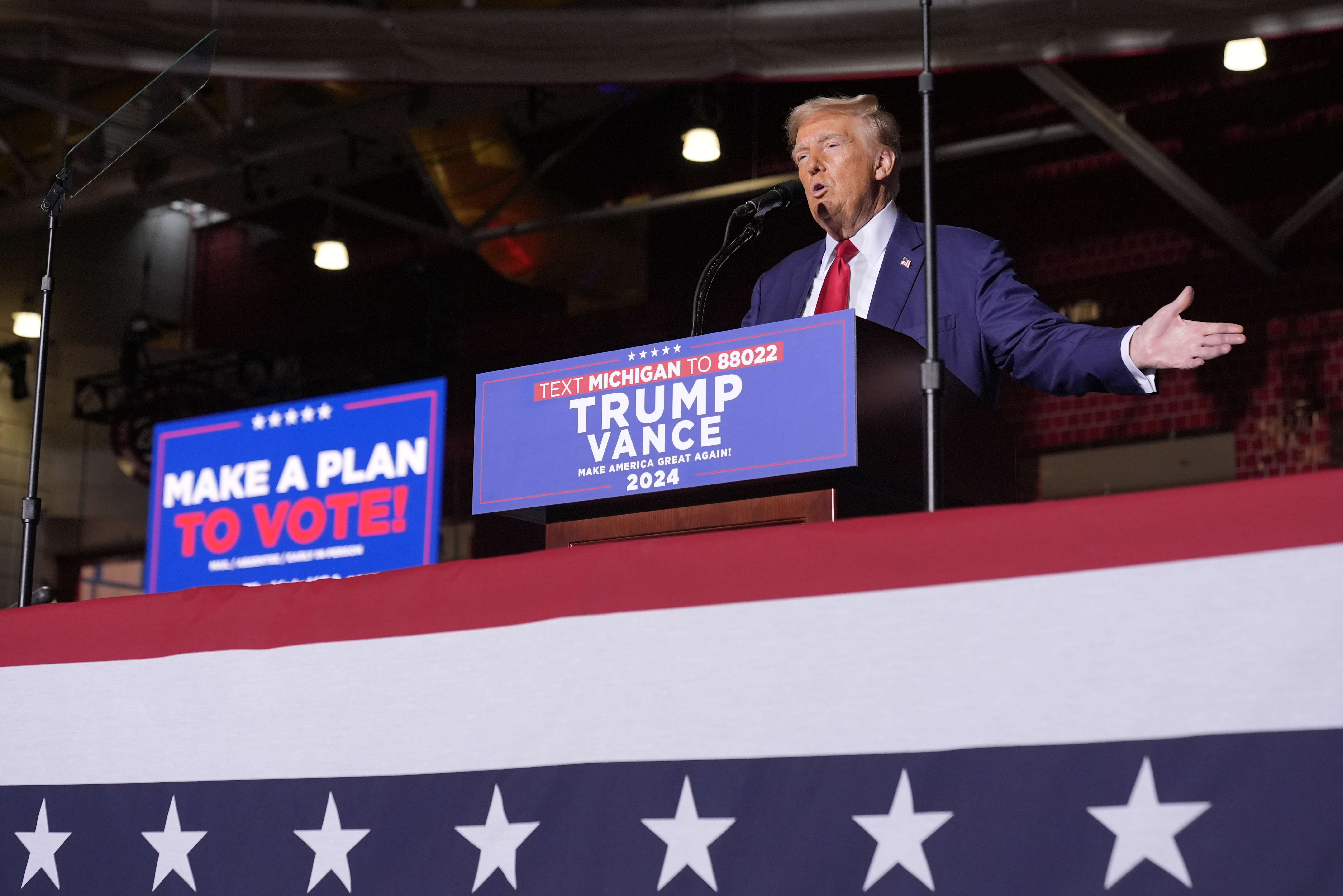 Republican presidential nominee former President Donald Trump speaks at a campaign event at the Ryder Center at Saginaw Valley State University, Thursday, Oct. 3, 2024, in University Center, Mich. (AP Photo/Alex Brandon)