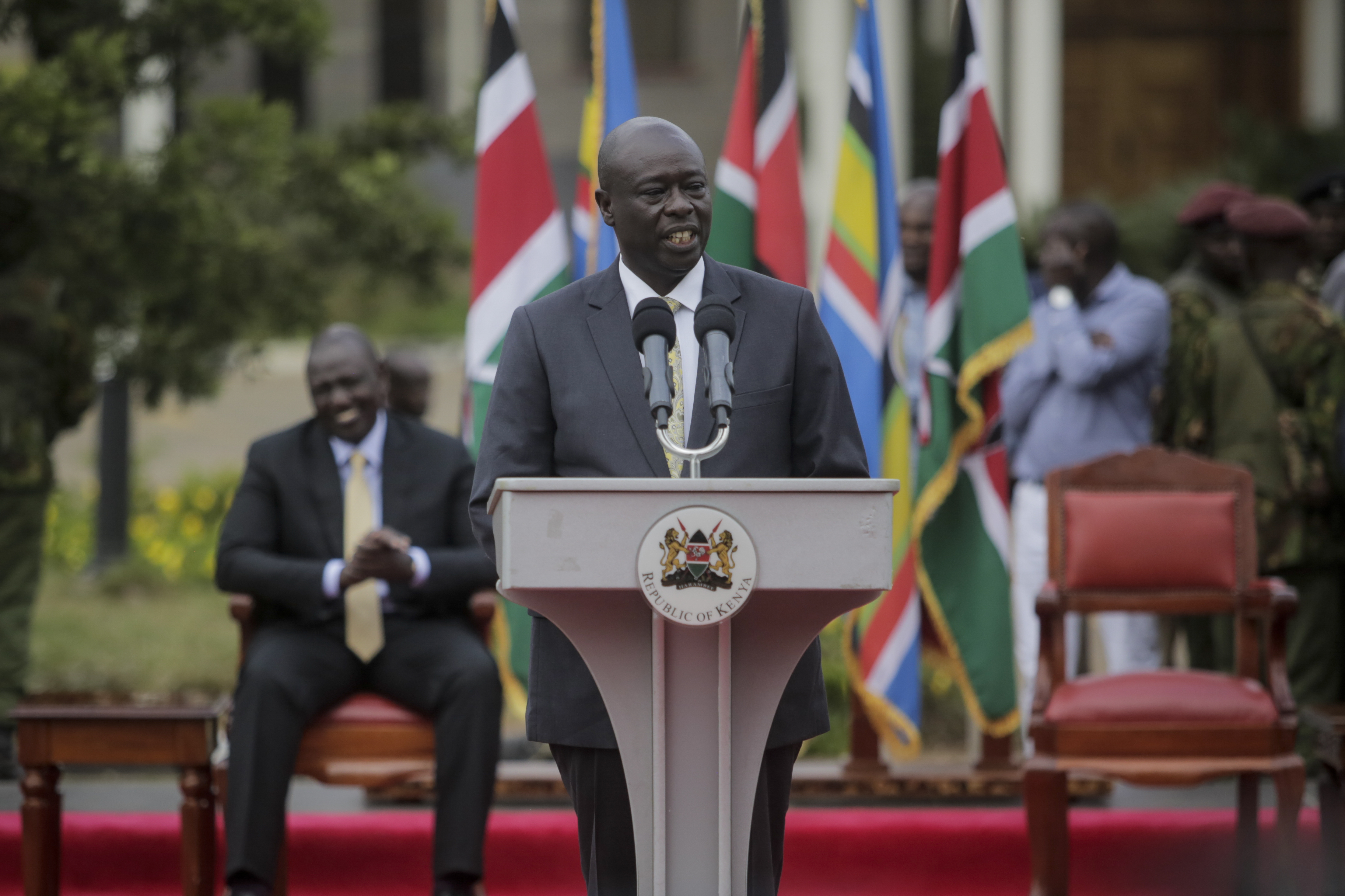 FILE - Kenya's Deputy President-Elect Rigathi Gachagua addresses the media, in Nairobi, Kenya Monday, Sept. 5, 2022. (AP Photo/Brian Inganga, File)