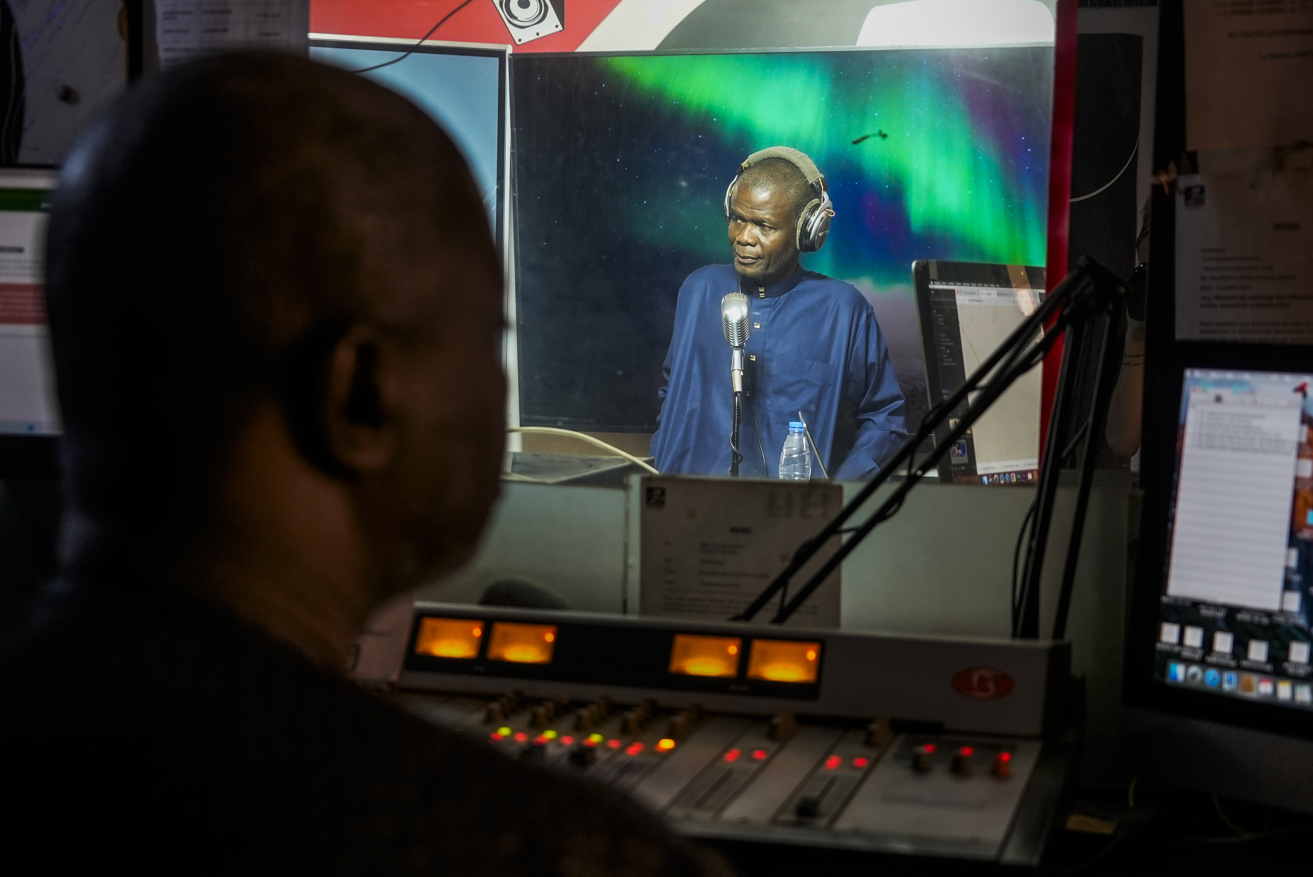 Maodo Faye, radio presenter at Sud FM, presents the afternoon Wolof program from the Sud FM studio in Dakar, Senegal, Wednesday, Oct. 2, 2024. (AP Photo/Annie Risemberg)