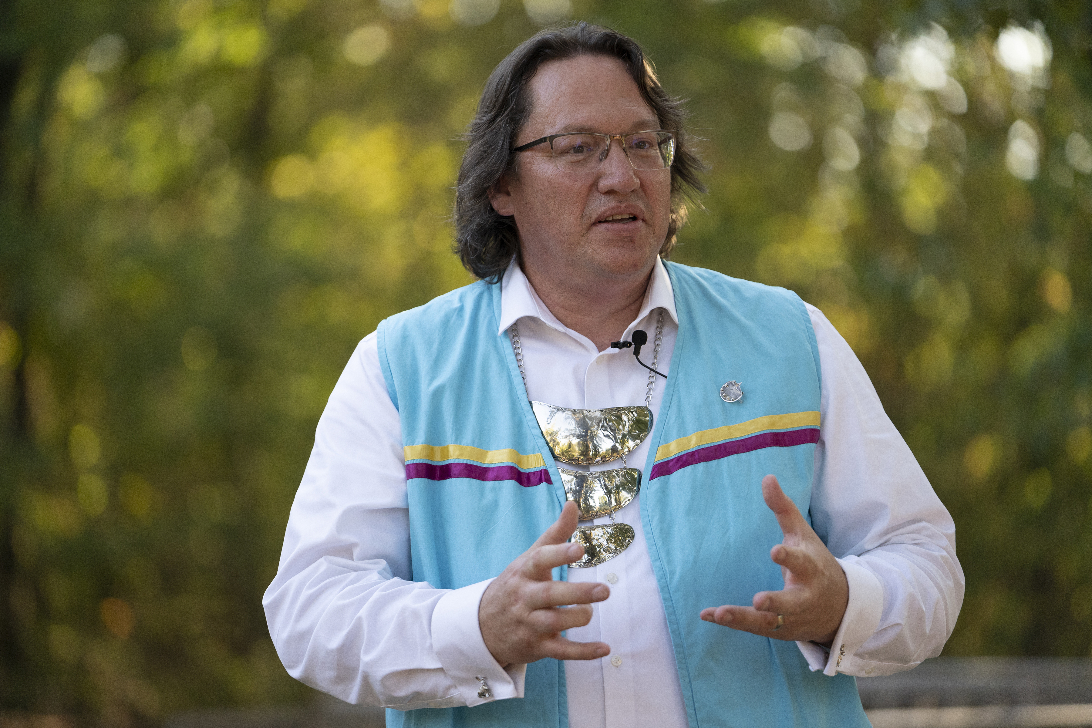 Chief Ben Barnes of the Shawnee Tribe talks about the tribes involvement in Civilization VII at the ribbon cutting of the Shawnee Language Center on Friday, September 20, 2024 in Miami, Okla.. (AP Photo/Nick Oxford)