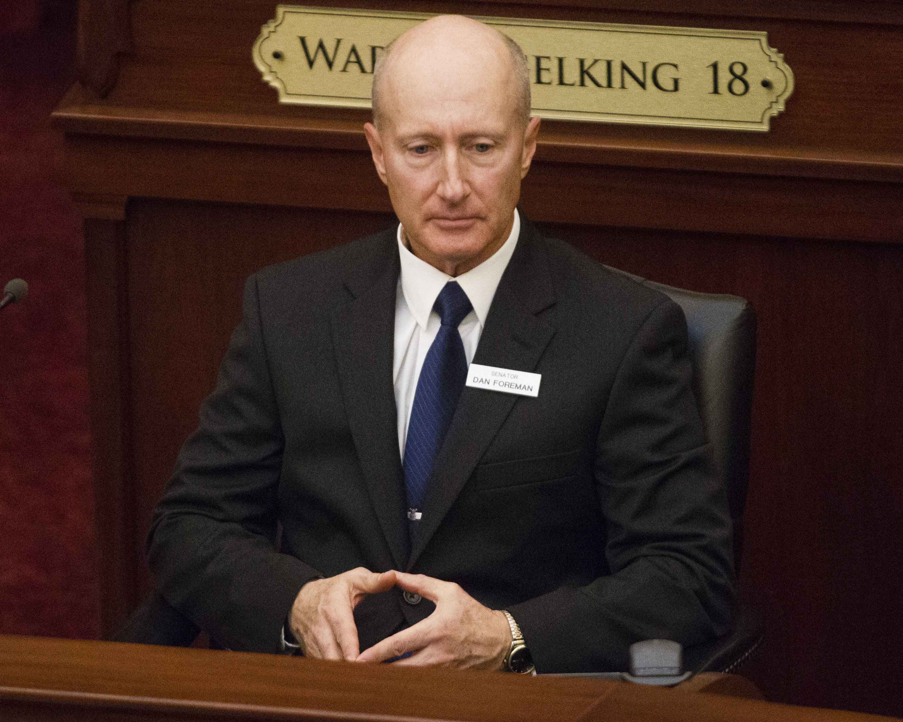 FILE - Idaho Sen. Dan Foreman, R-Moscow, waits for the State of the State address inside the house chambers at the state Capitol building, on Jan. 9, 2017 in Boise, Idaho. (AP Photo/Otto Kitsinger, File)