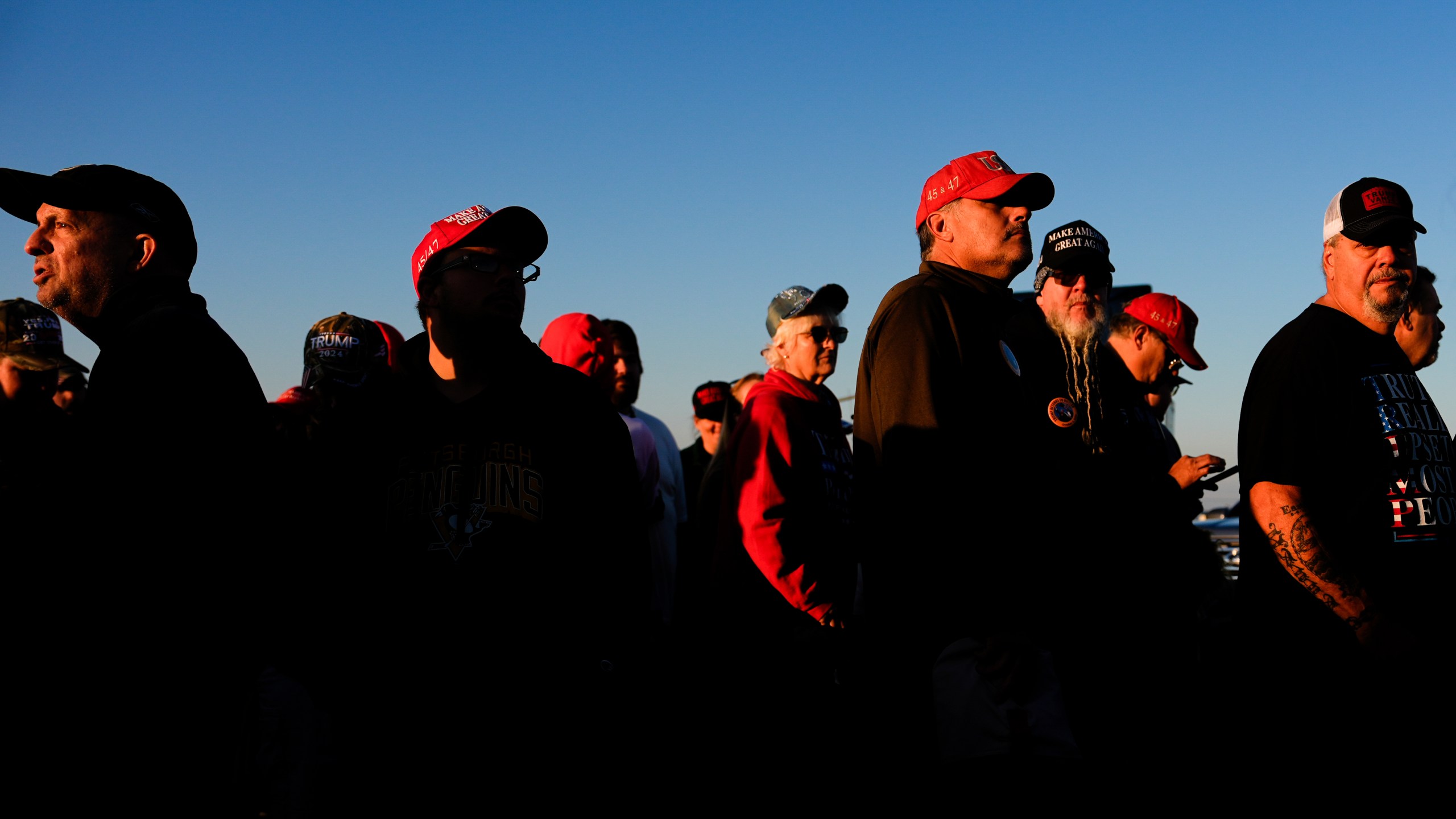 Supporters of Republican presidential nominee former President Donald Trump wait to enter a campaign rally at the Butler Farm Show, Saturday, Oct. 5, 2024, in Butler, Pa. (AP Photo/Julia Demaree Nikhinson)