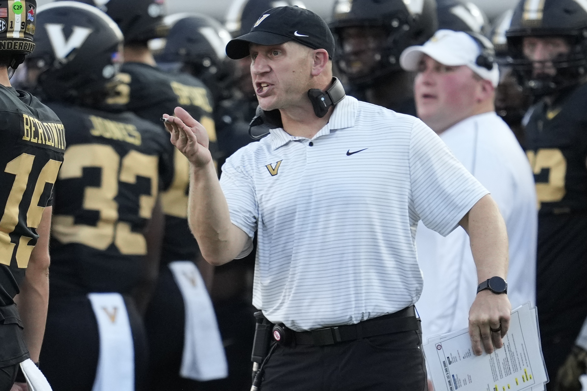 Vanderbilt head coach Clark Lea yells to an official during the second half of an NCAA college football game against Alabama, Saturday, Oct. 5, 2024, in Nashville, Tenn. (AP Photo/George Walker IV)