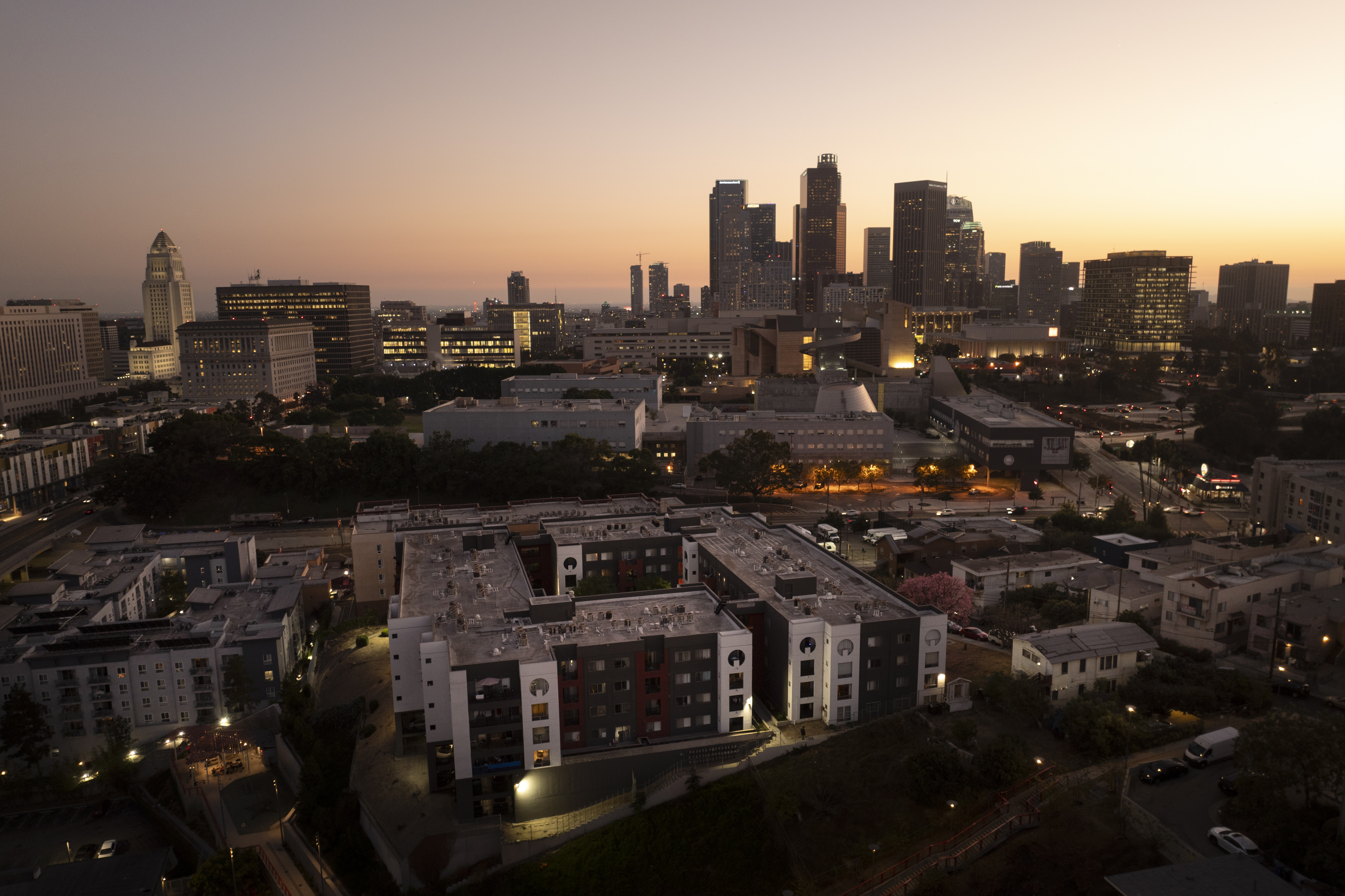 An aerial view shows Hillside Villa, bottom center, an apartment complex where Marina Maalouf is a longtime tenant, in Los Angeles, Tuesday, Oct. 1, 2024. (AP Photo/Jae C. Hong)