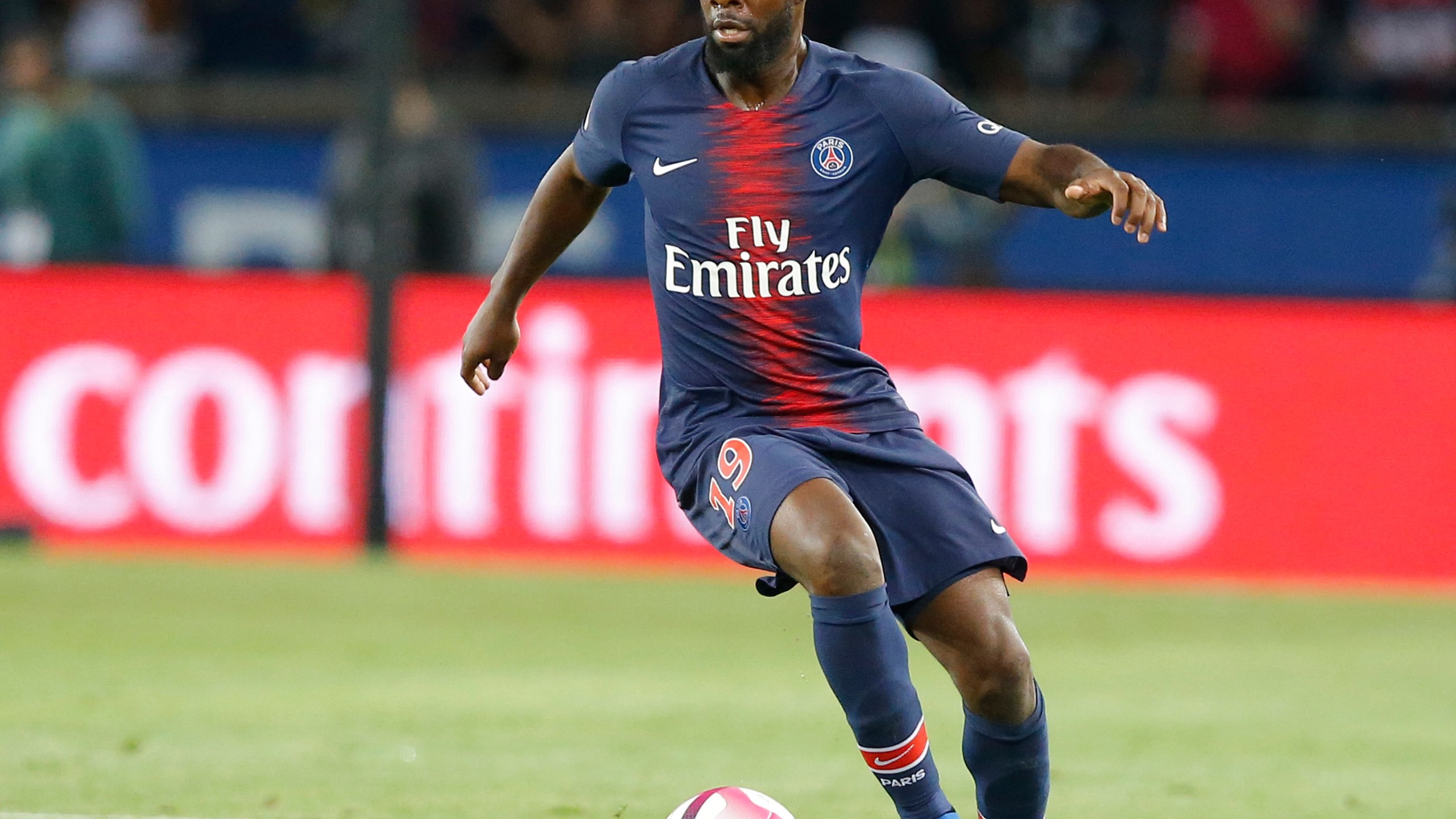 FILE - In this file photo dated Friday, Sept. 14, 2018, Paris-Saint-Germain player Lassana Diarra during a French League One soccer match against Saint-Etienne at the Parc des Princes stadium in Paris. (AP Photo/Michel Euler, File)