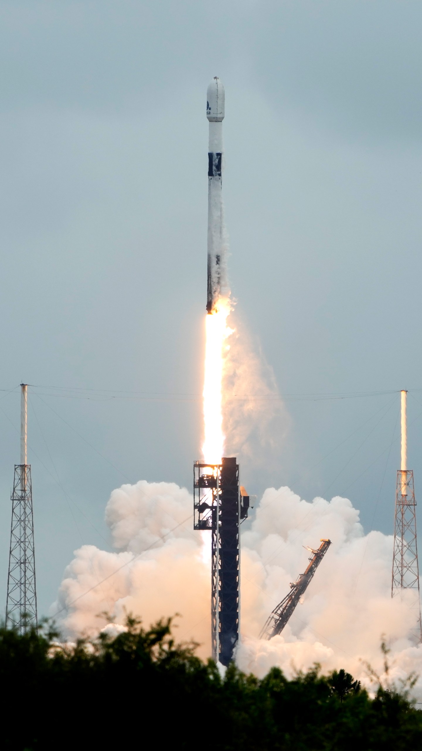 A SpaceX Falcon 9 rocket lifts off from the Cape Canaveral Space Force Station, Monday, Oct. 7, 2024 at Cape Canaveral, Fla., carrying a European spacecraft to an asteroid. (AP Photo/John Raoux)