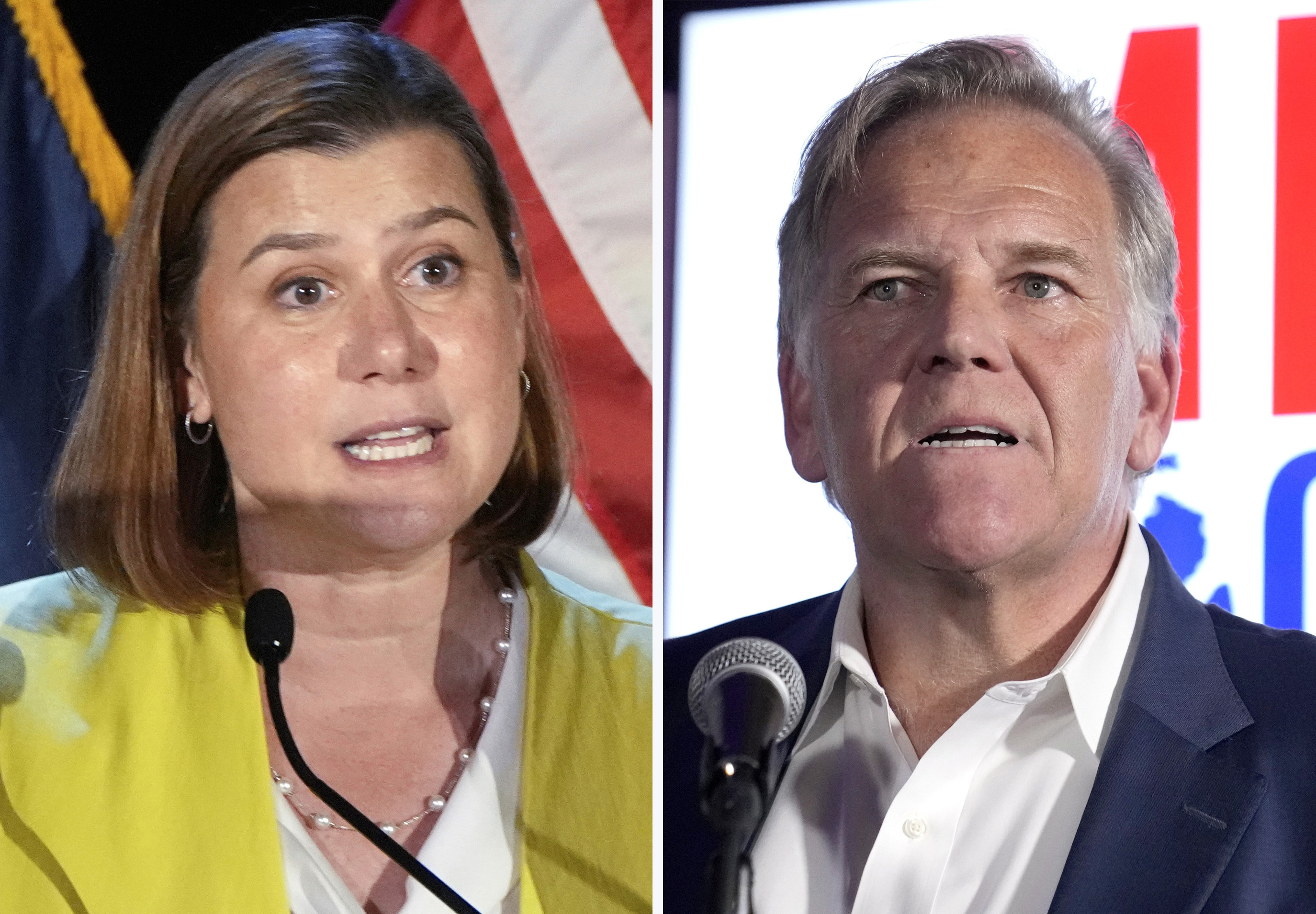 This combination photo of Michigan Senate candidates shows Rep. Elissa Slotkin, D-Mich., in Detroit, Aug. 6, 2024, left, and former Rep. Mike Rogers, R-Mich., Aug. 6, 2024, in Lake Orion, Mich. (AP Photo)