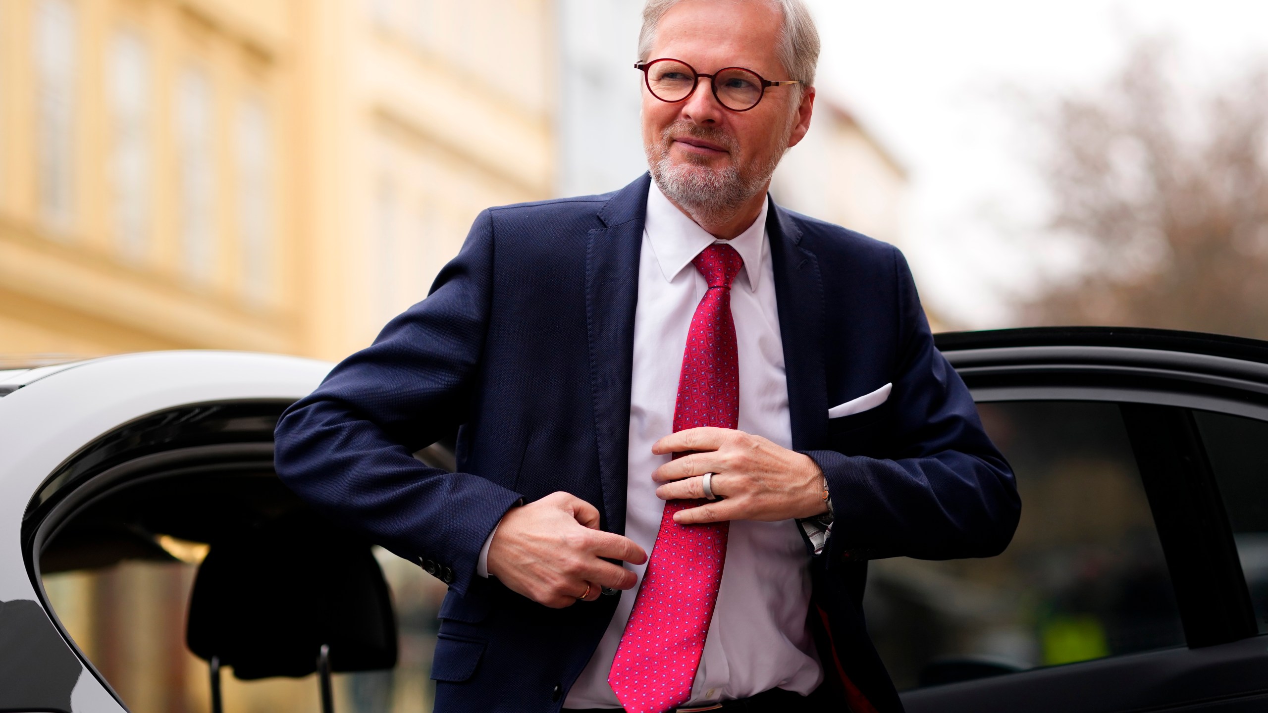 FILE - Czech Republic's Prime Minister Petr Fiala arrives for the V4 meeting in Prague, Czech Republic, Feb. 27, 2024. (AP Photo/Petr David Josek, File)