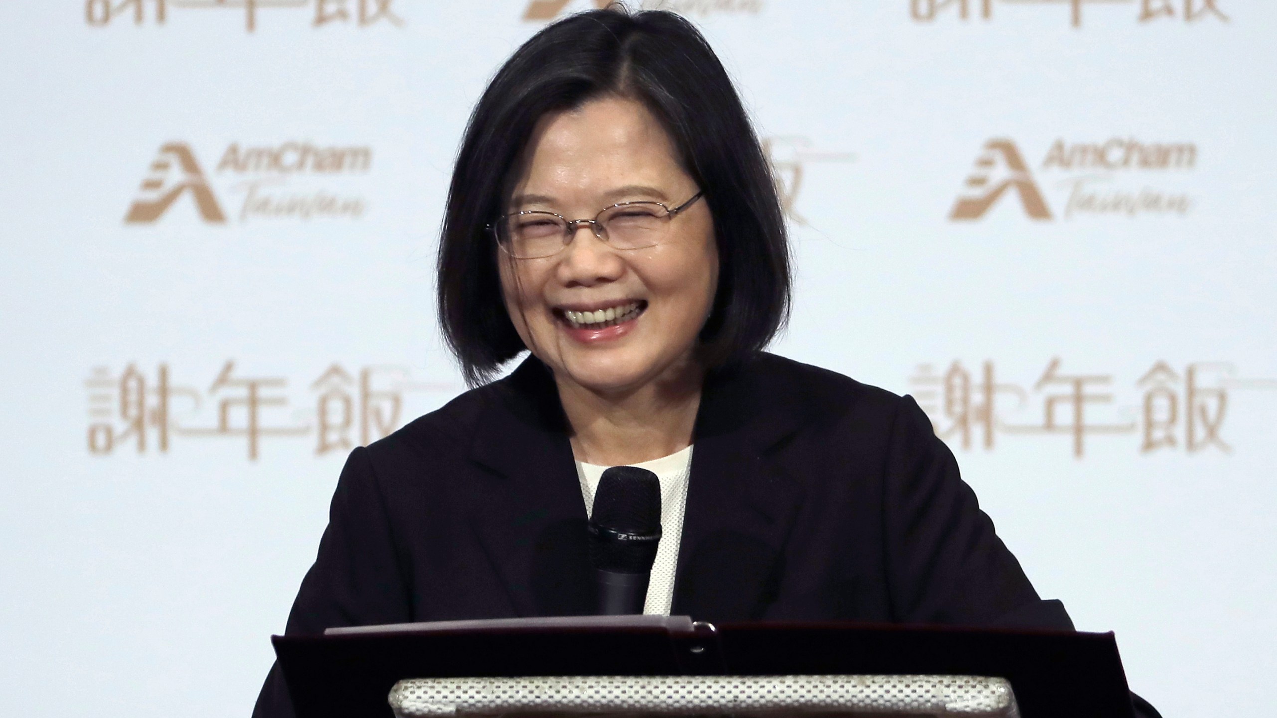 FILE - Taiwan President Tsai Ing-wen delivers a speech during the 2024 Hsieh Nien Fan annual dinner of the American Chamber of Commerce in Taipei, Taiwan, Thursday, March 28, 2024. (AP Photo/Chiang Ying-ying, File)