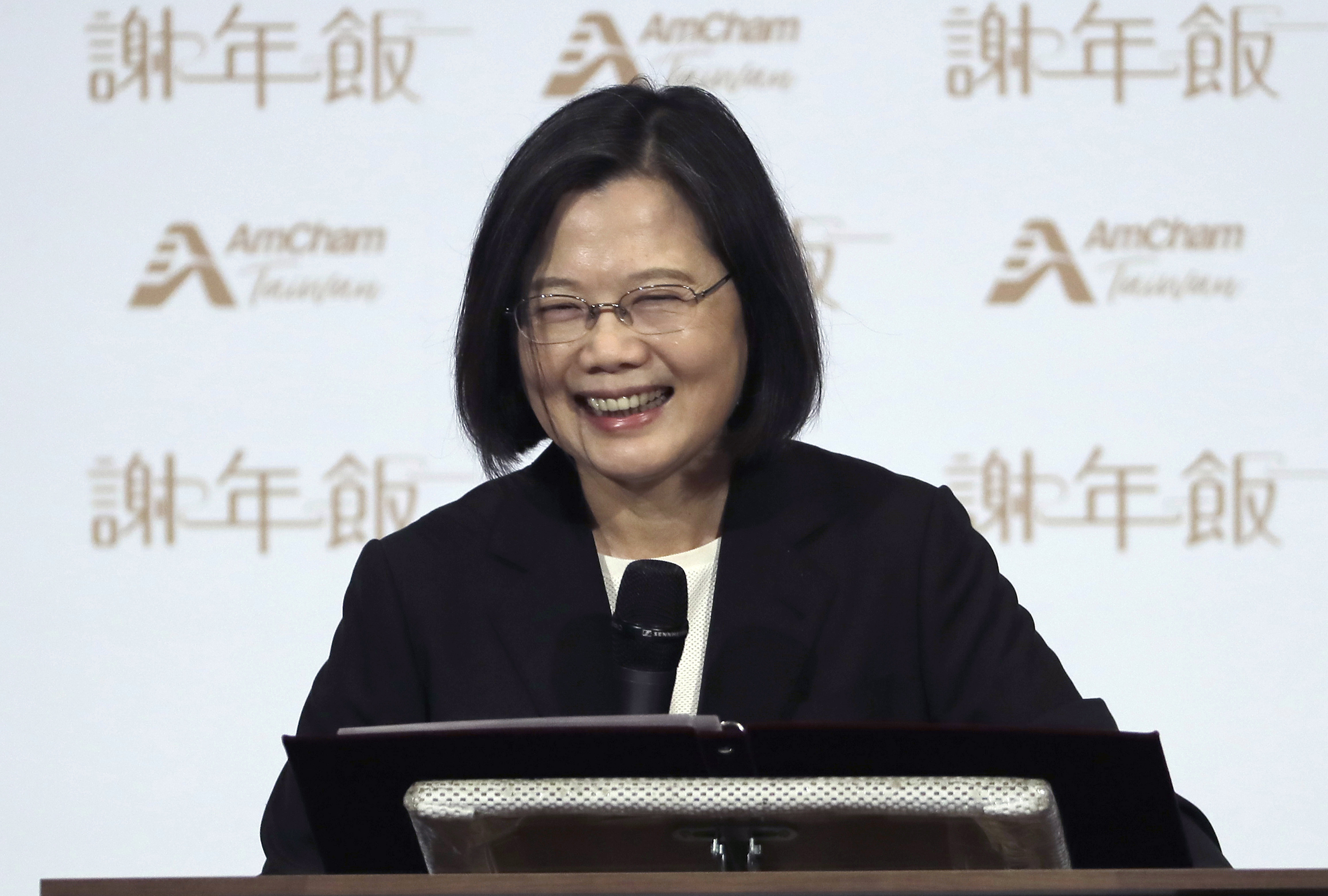 FILE - Taiwan President Tsai Ing-wen delivers a speech during the 2024 Hsieh Nien Fan annual dinner of the American Chamber of Commerce in Taipei, Taiwan, Thursday, March 28, 2024. (AP Photo/Chiang Ying-ying, File)