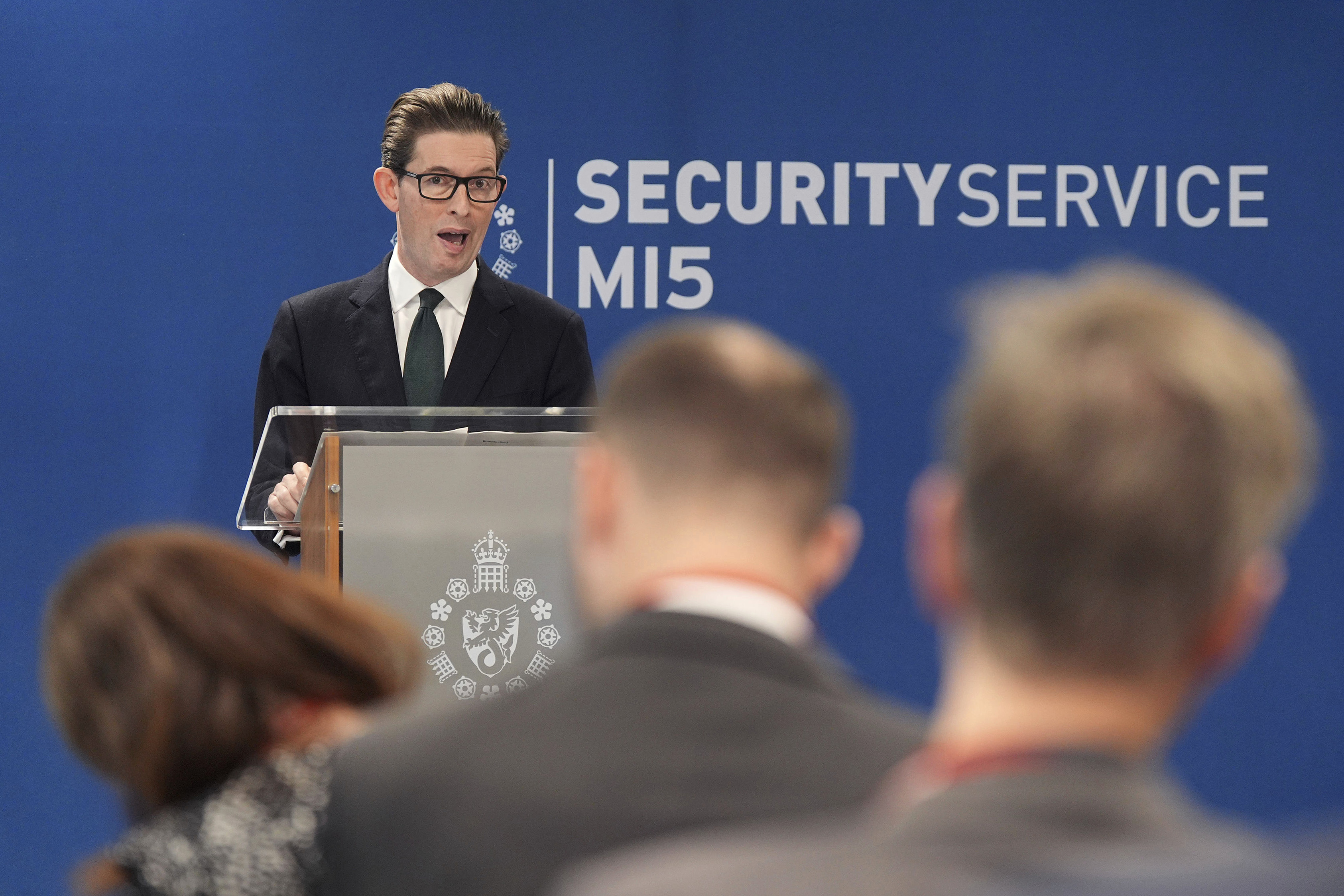 Ken McCallum, Director General of MI5, delivers the annual Director General's speech at Counter Terrorism Operations Centre in west London, Tuesday Oct. 8, 2024. (Yui Mok/PA via AP)