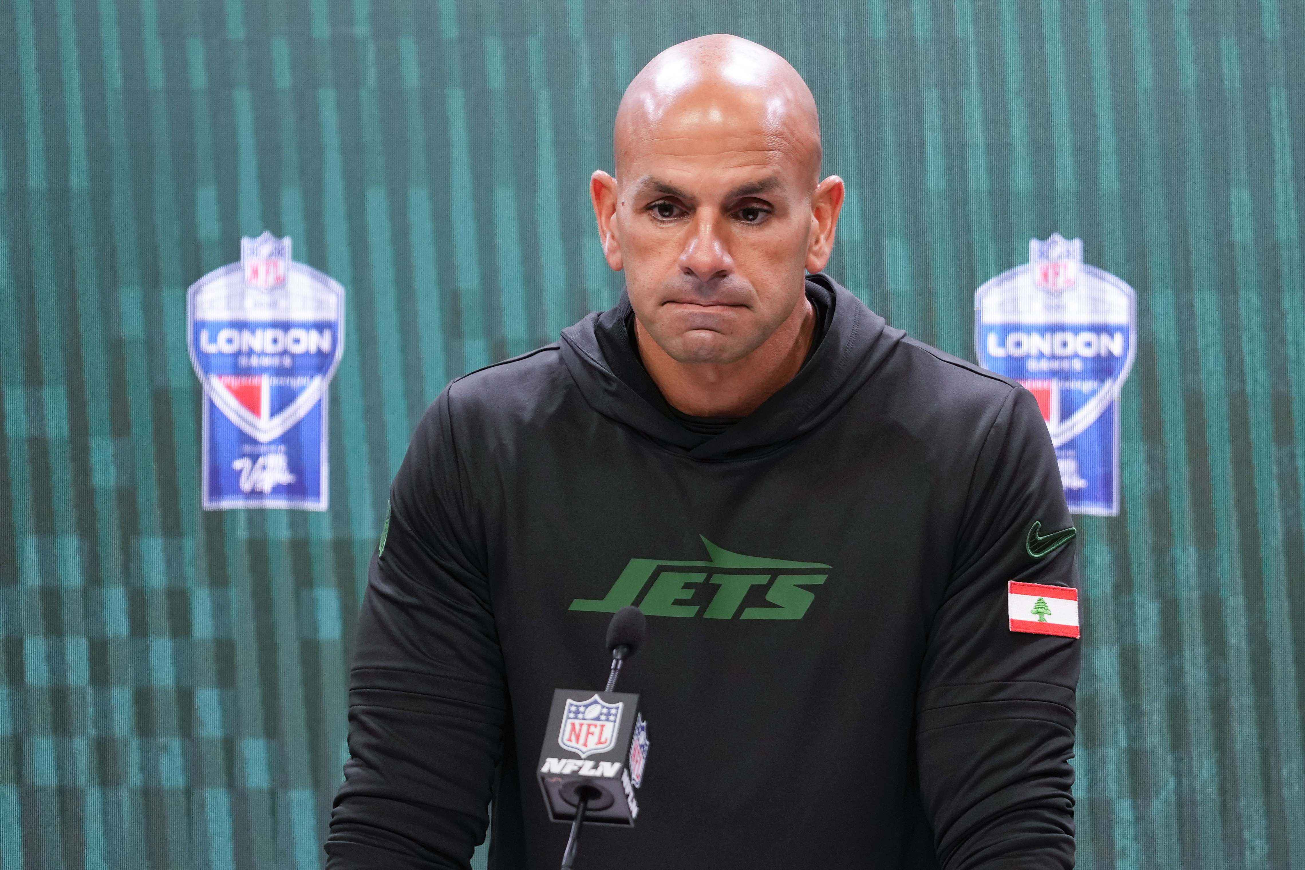 FILE - New York Jets head coach Robert Saleh talks to reporters after an NFL football game against the Minnesota Vikings, Sunday, Oct. 6, 2024, at the Tottenham Hotspur stadium in London. (AP Photo/Kirsty Wigglesworth, File)