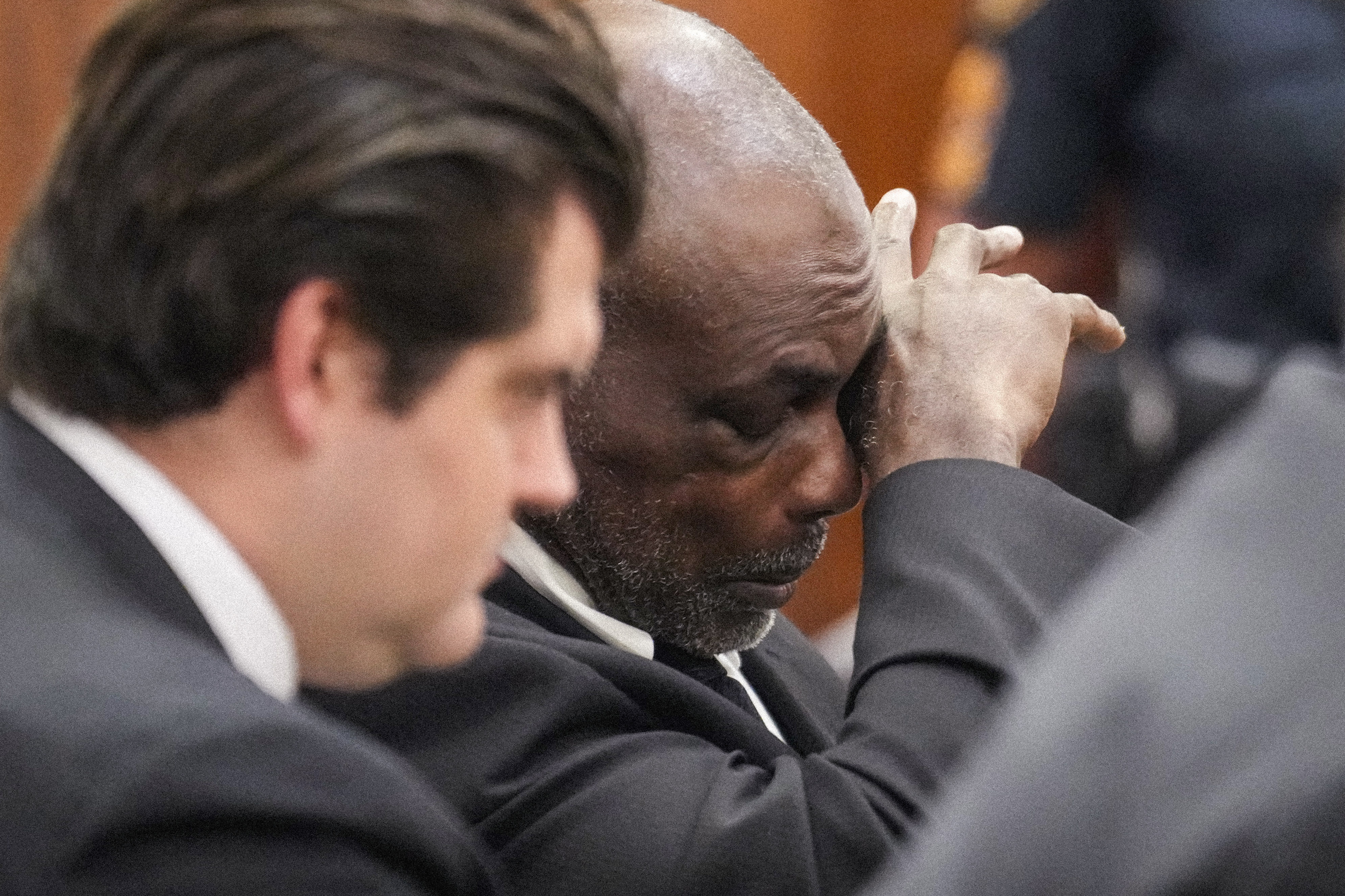 Former Houston Police officer Gerald Gaines listens to closing arguments in the punishment phase of his felony murder trial on Monday, Oct. 7, 2024 in Houston. Goines was found guilty of felony murder in the 2019 deaths of Dennis Tuttle and Rhogena Nicholas. (Brett Coomer/Houston Chronicle via AP)