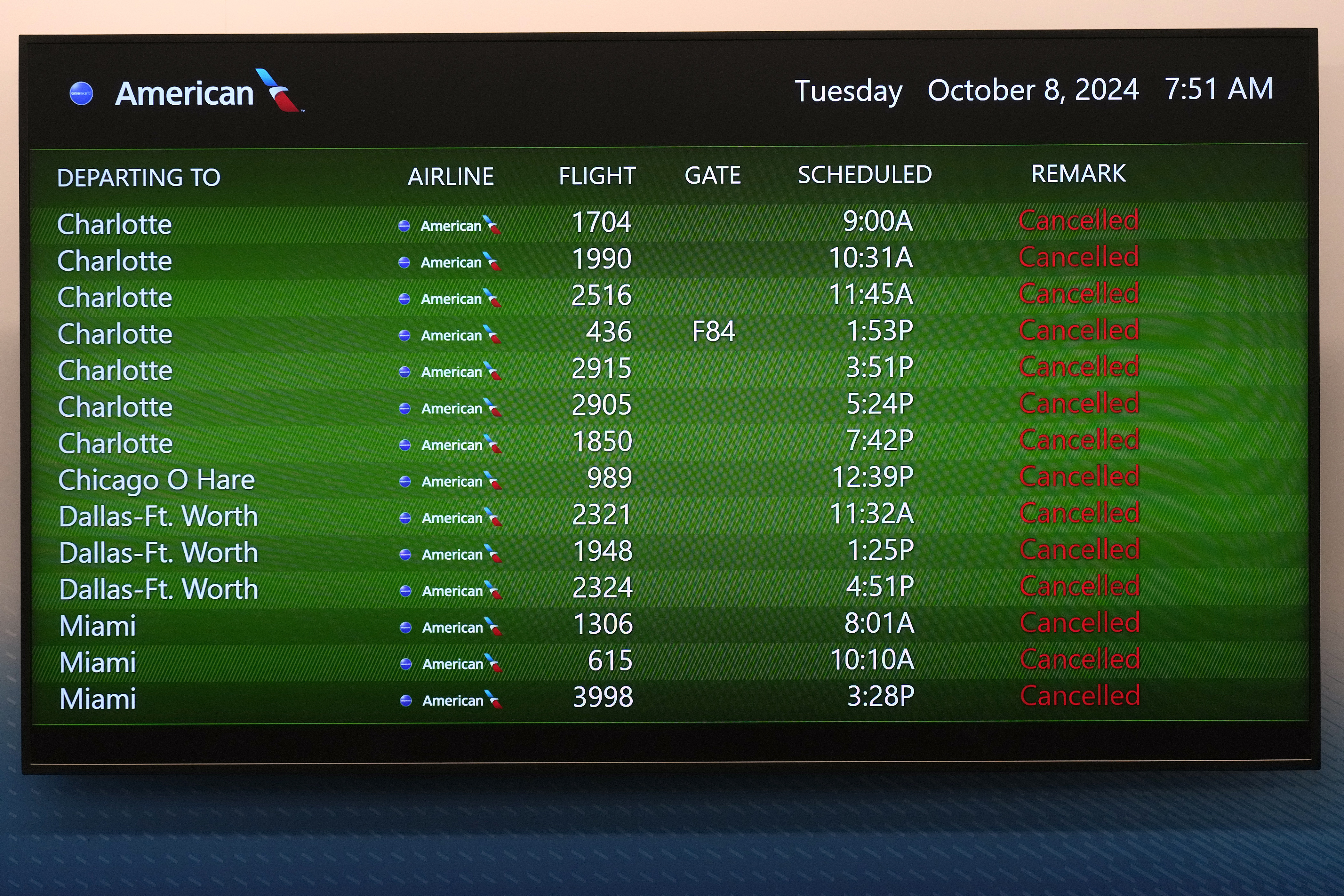 A message board at the Tampa International Airport shows all American Airlines departing flight canceled Tuesday, Oct. 8, 2024, in Tampa, Fla., due to the possible arrival of Hurricane Milton. (AP Photo/Chris O'Meara)