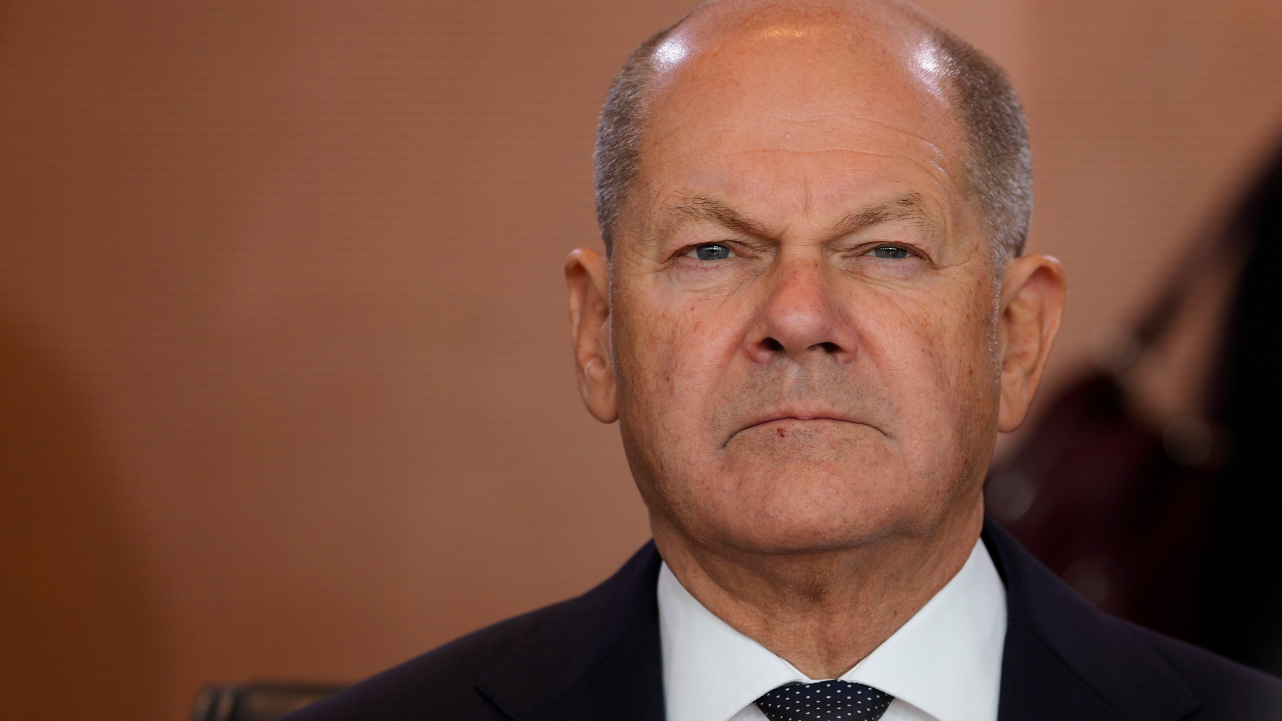 German Chancellor Olaf Scholz arrives for the cabinet meeting of the government at the chancellery in Berlin, Germany, Wednesday, Oct. 9, 2024. (AP Photo/Markus Schreiber)