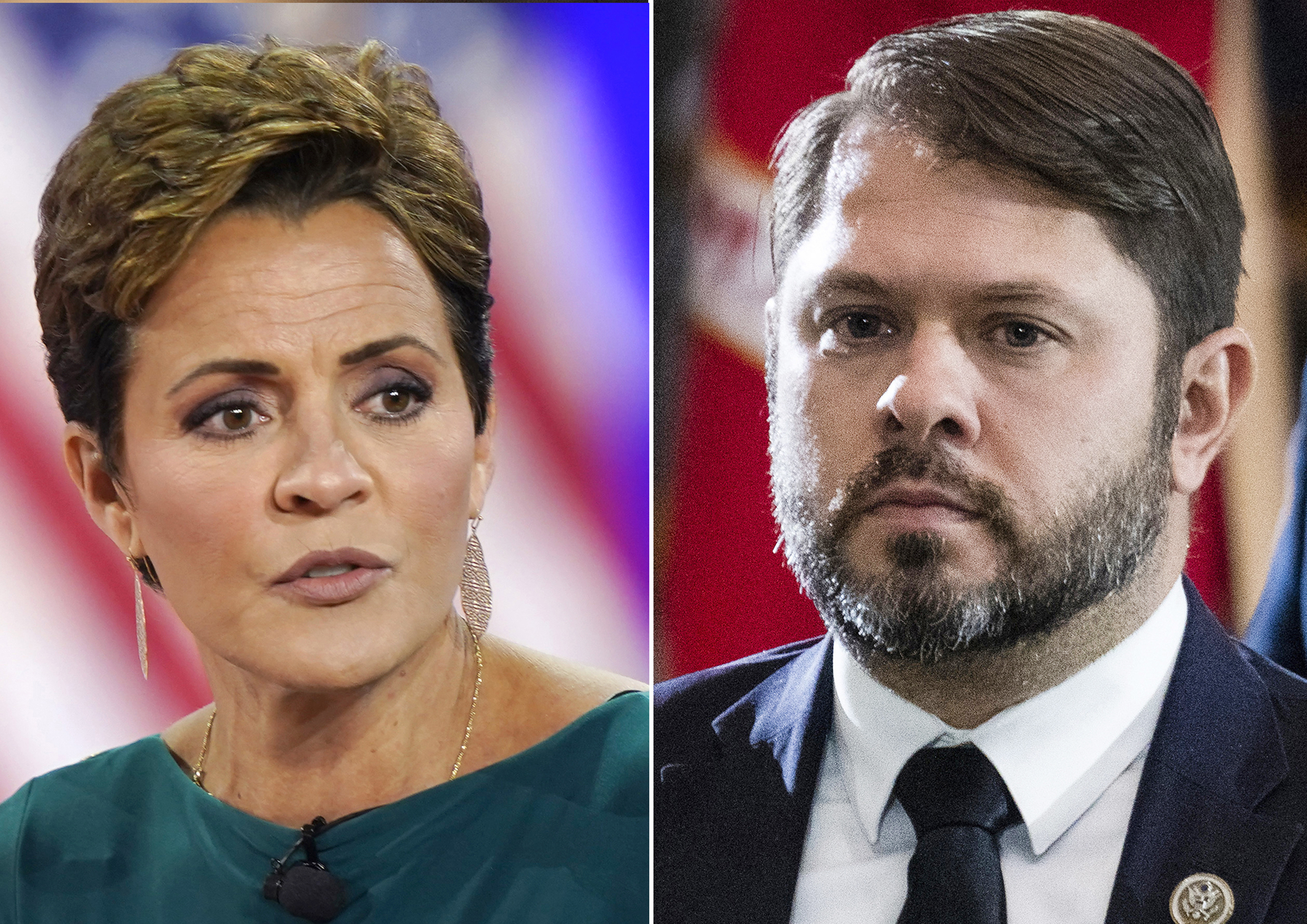 In this combination photo, Kari Lake speaks in Dallas, Aug. 5, 2022, left, and Rep. Ruben Gallego, D-Ariz., is seen in the Capitol, July 14, 2022, in Washington. (AP Photo, File)