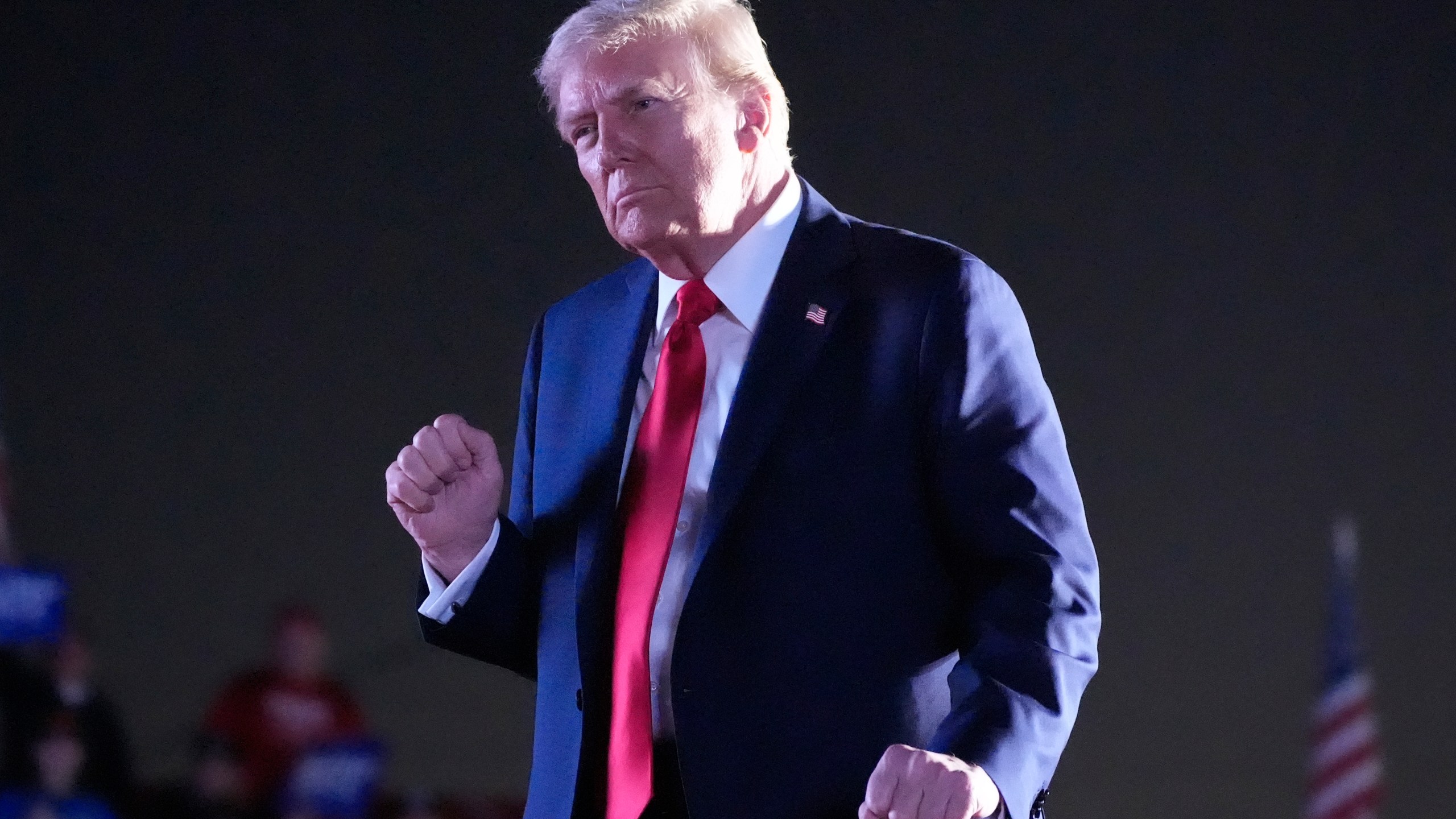 Republican presidential nominee former President Donald Trump dances as he departs after speaking at a campaign event at the Butler Farm Show, Saturday, Oct. 5, 2024, in Butler, Pa. (AP Photo/Alex Brandon)