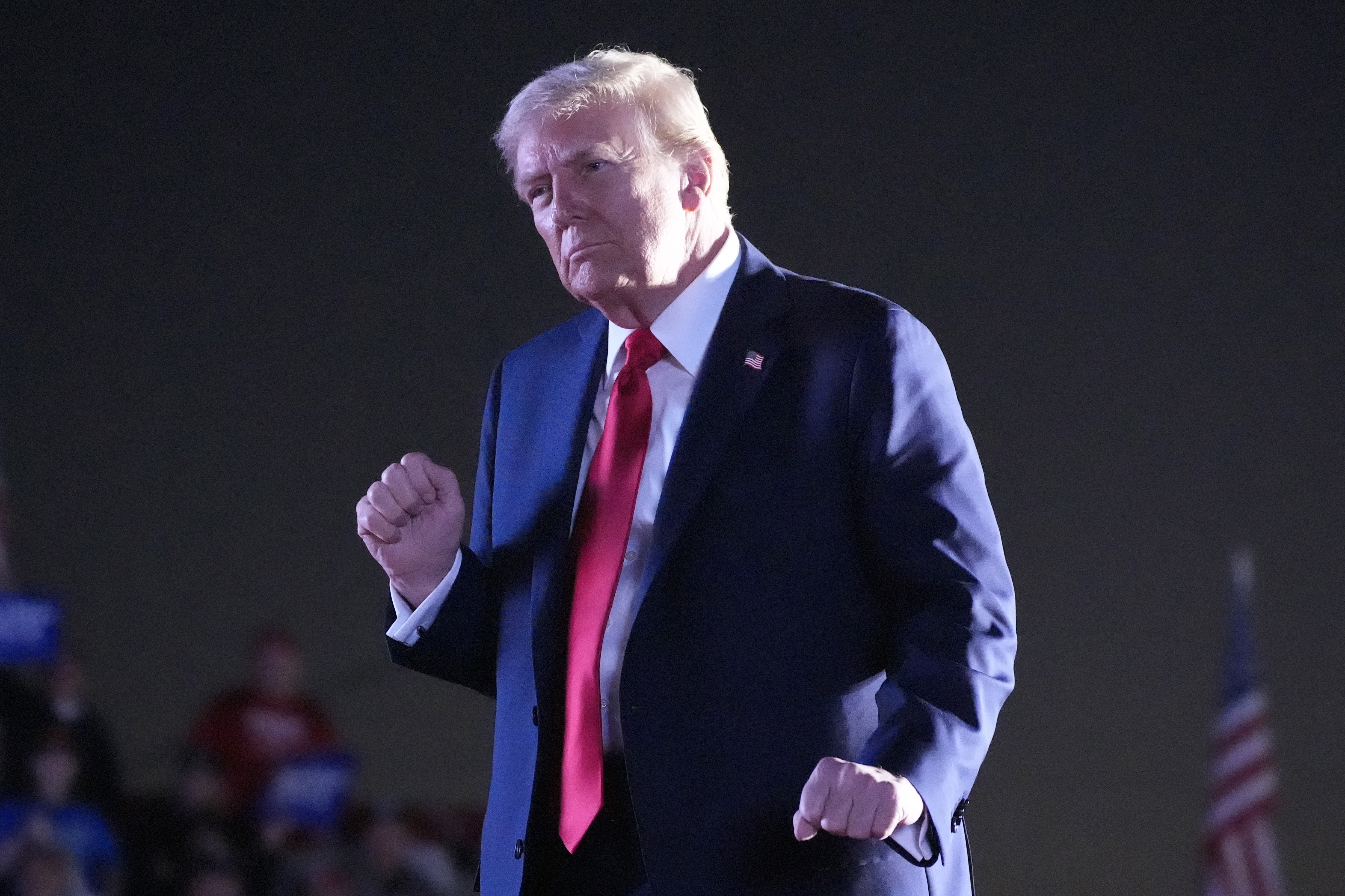 Republican presidential nominee former President Donald Trump dances as he departs after speaking at a campaign event at the Butler Farm Show, Saturday, Oct. 5, 2024, in Butler, Pa. (AP Photo/Alex Brandon)