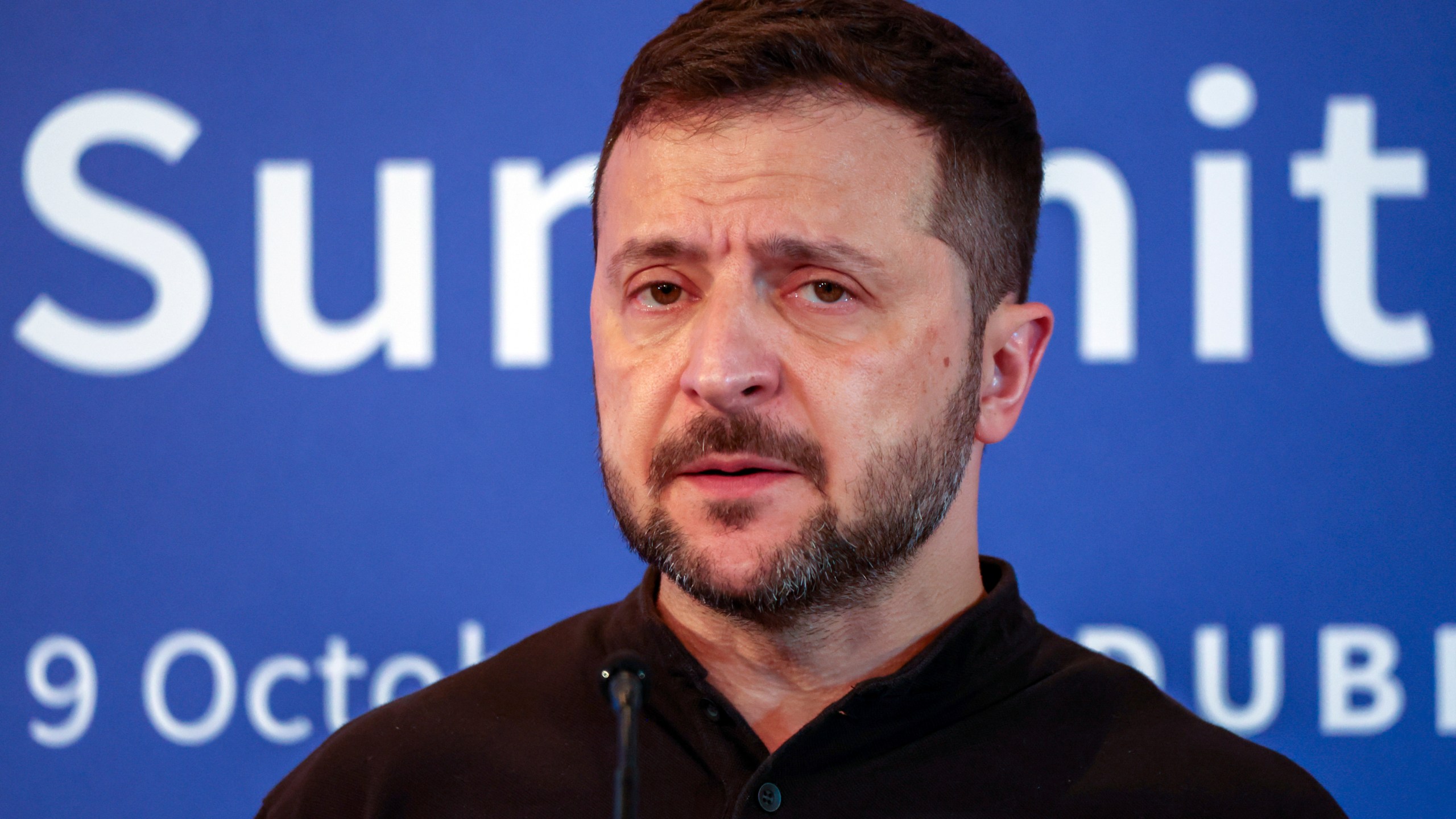 Ukrainian President Volodymyr Zelenskyy attends a news conference after the Southeast Europe Croatia Ukraine summit in Dubrovnik, Croatia, Wednesday, Oct. 9, 2024. (AP Photo)