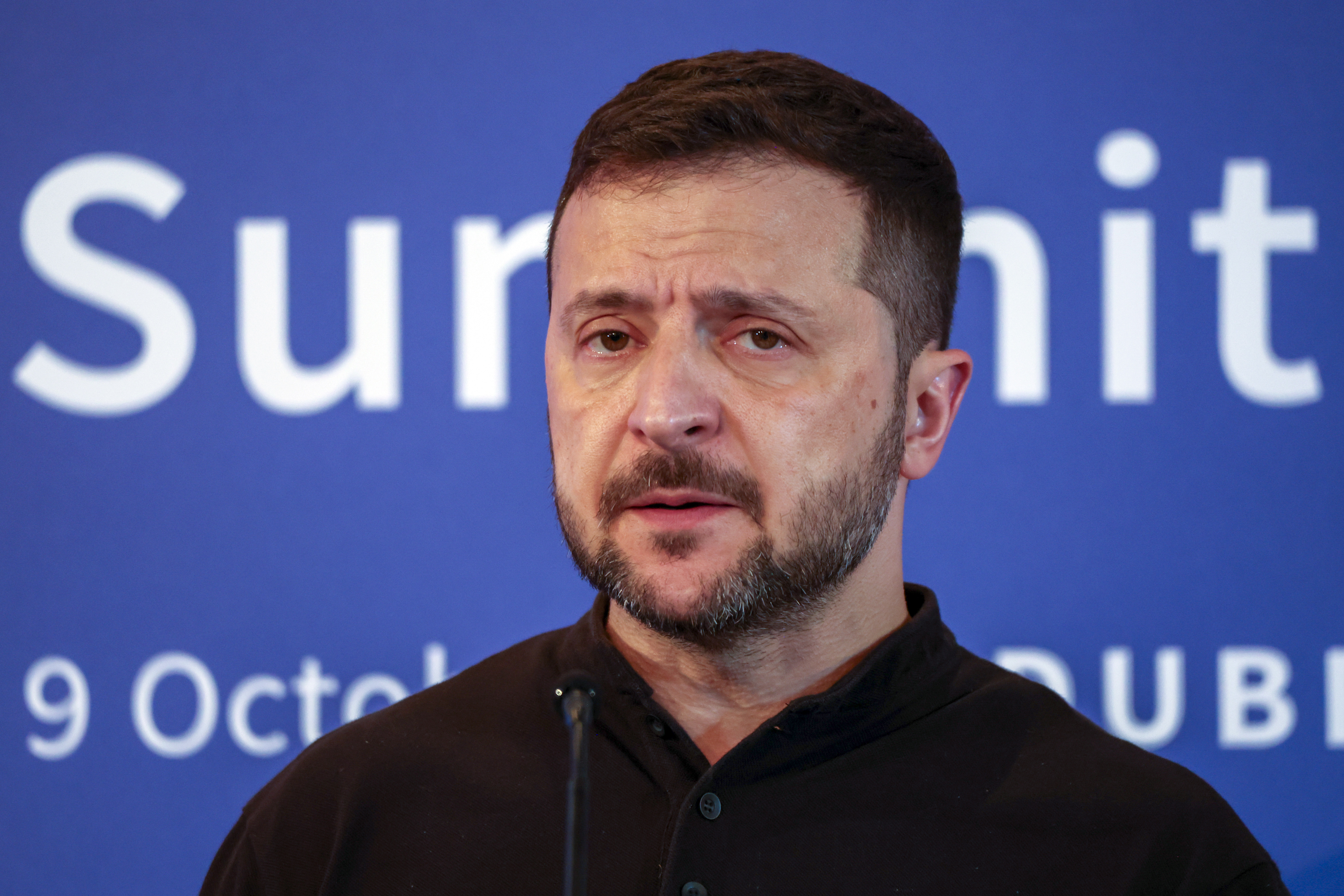 Ukrainian President Volodymyr Zelenskyy attends a news conference after the Southeast Europe Croatia Ukraine summit in Dubrovnik, Croatia, Wednesday, Oct. 9, 2024. (AP Photo)