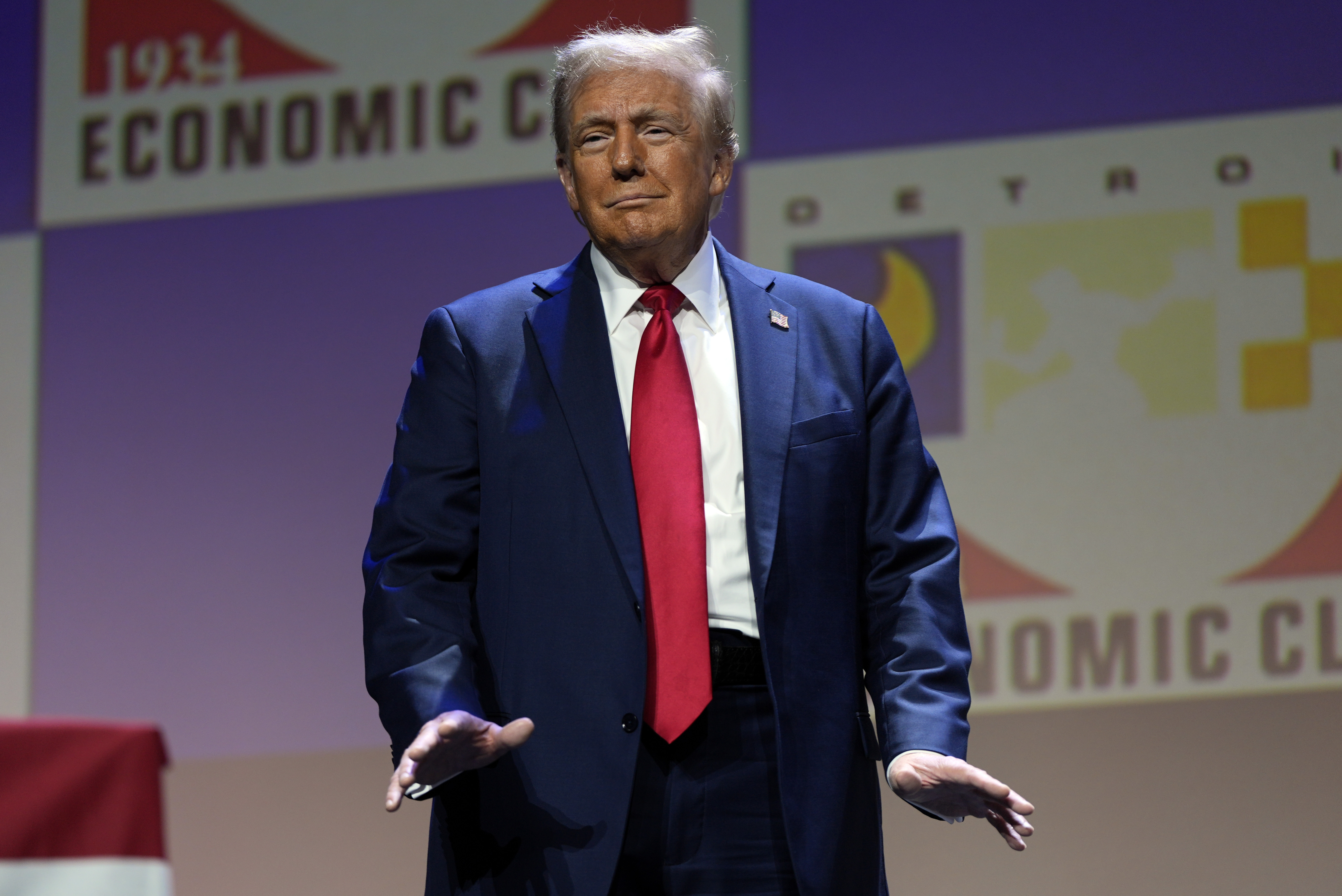 Republican presidential nominee former President Donald Trump arrives to speak at a meeting of the Detroit Economic Club, Thursday, Oct. 10, 2024, in Detroit. (AP Photo/Julia Demaree Nikhinson)