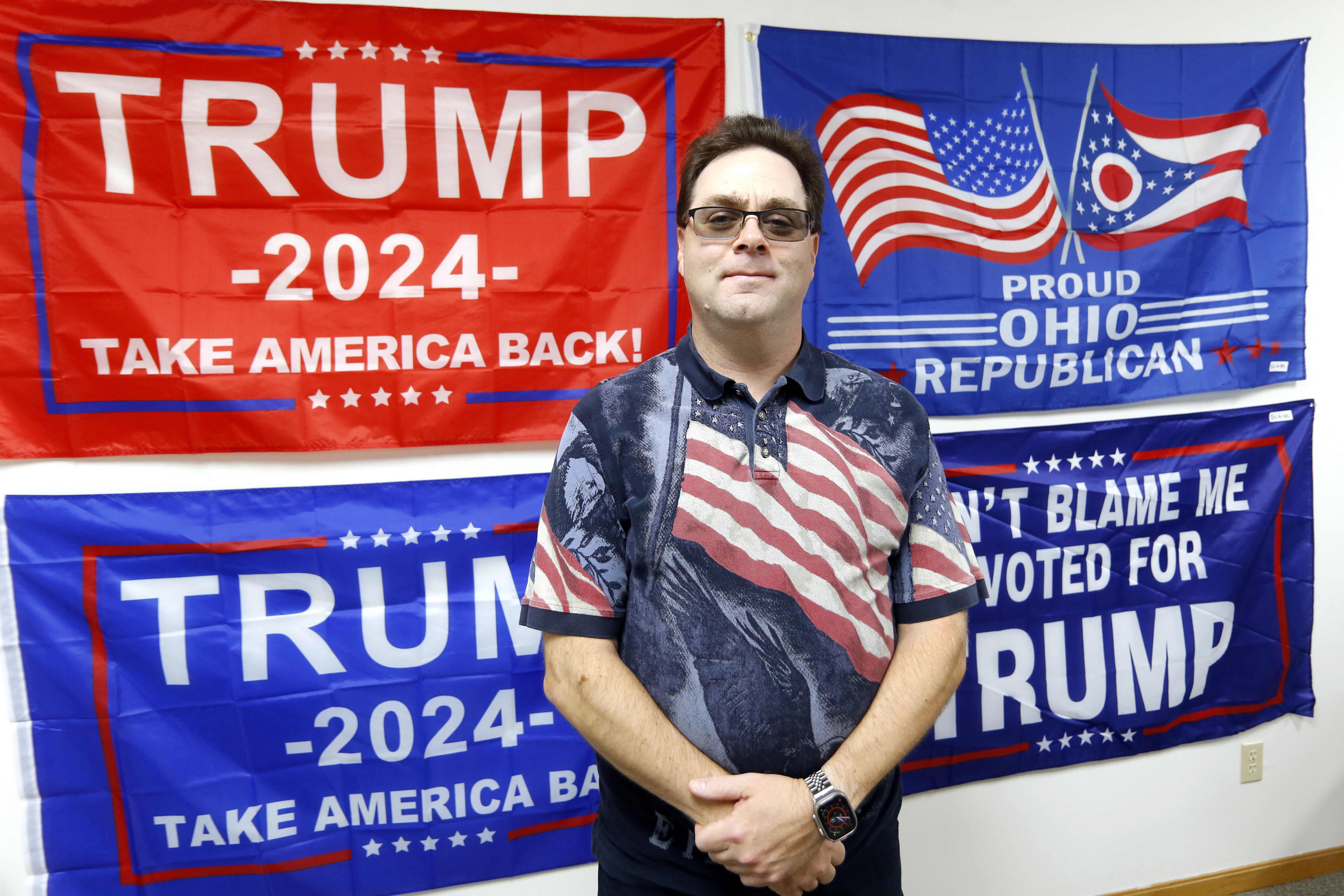 CORRECTS SPELLING OF DEEKEN - Doug Deeken, the chair of the Wayne County Republican Party in Ohio poses at the Wayne County Republican Party headquarters in Wooster, Ohio, Oct. 8, 2024. (AP Photo/Tom E. Puskar)