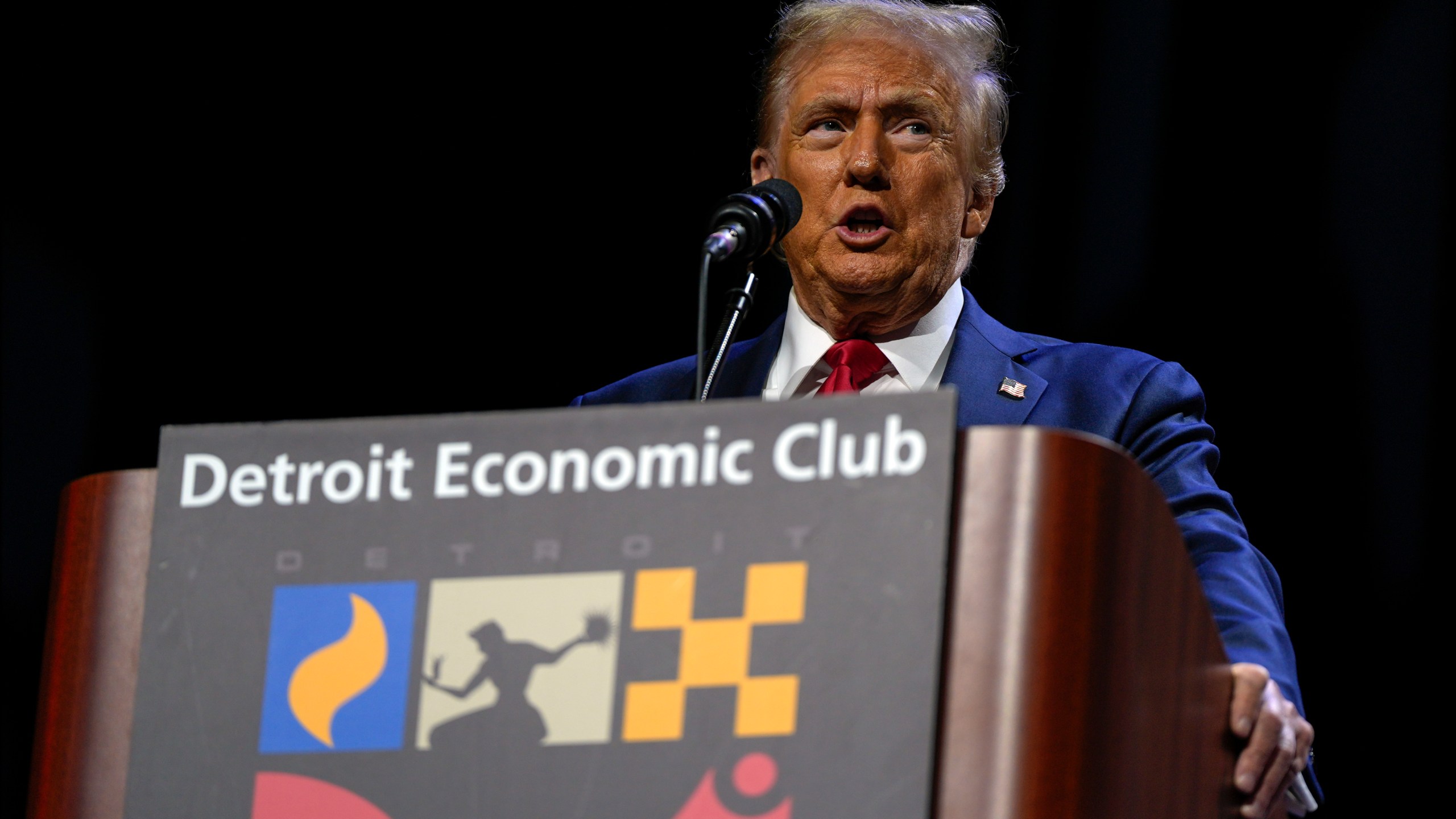 Republican presidential nominee former President Donald Trump speaks at a meeting of the Detroit Economic Club, Thursday, Oct. 10, 2024, in Detroit. (AP Photo/Julia Demaree Nikhinson)