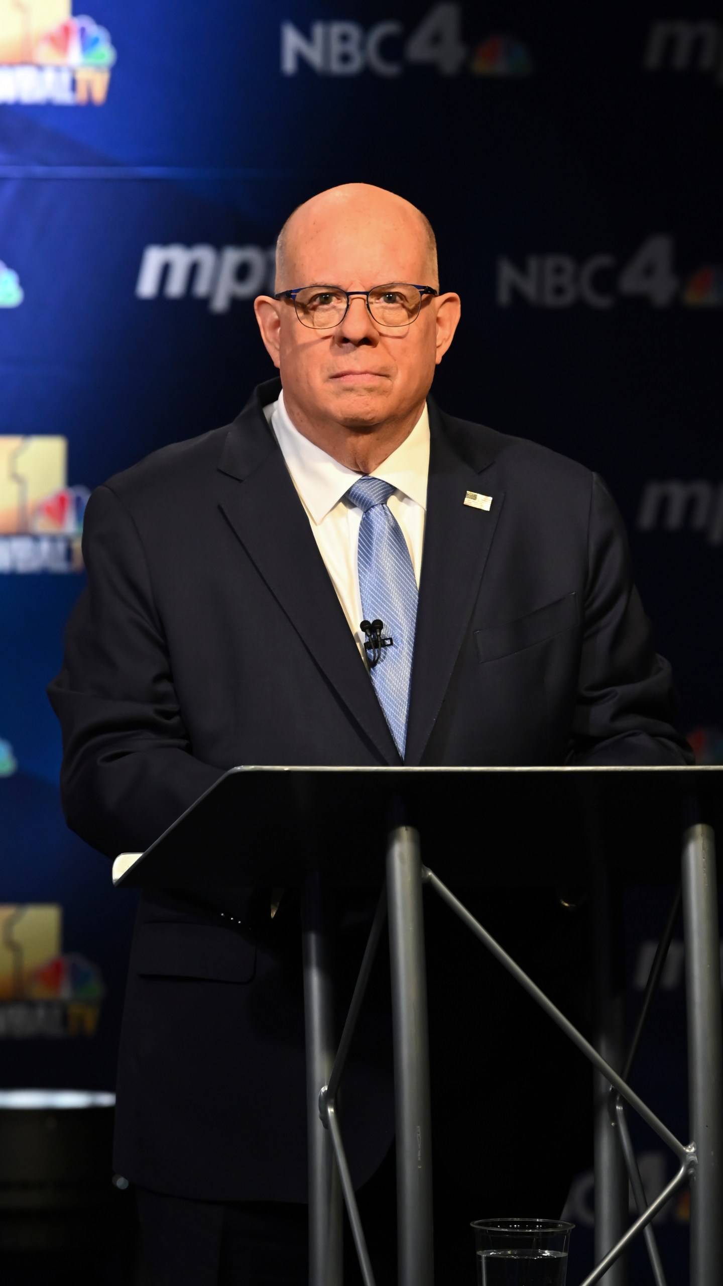 In this photo provided by Maryland Public Television, U.S. Senate in Maryland candidate Republican Larry Hogan speaks during a debate against fellow-candidate, Democrat Angela Alsobrooks at Maryland Public Television in Owings Mills, Md., Thursday, Oct. 10, 2024. (Michael Ciesielski Photography/Maryland Public Television via AP)