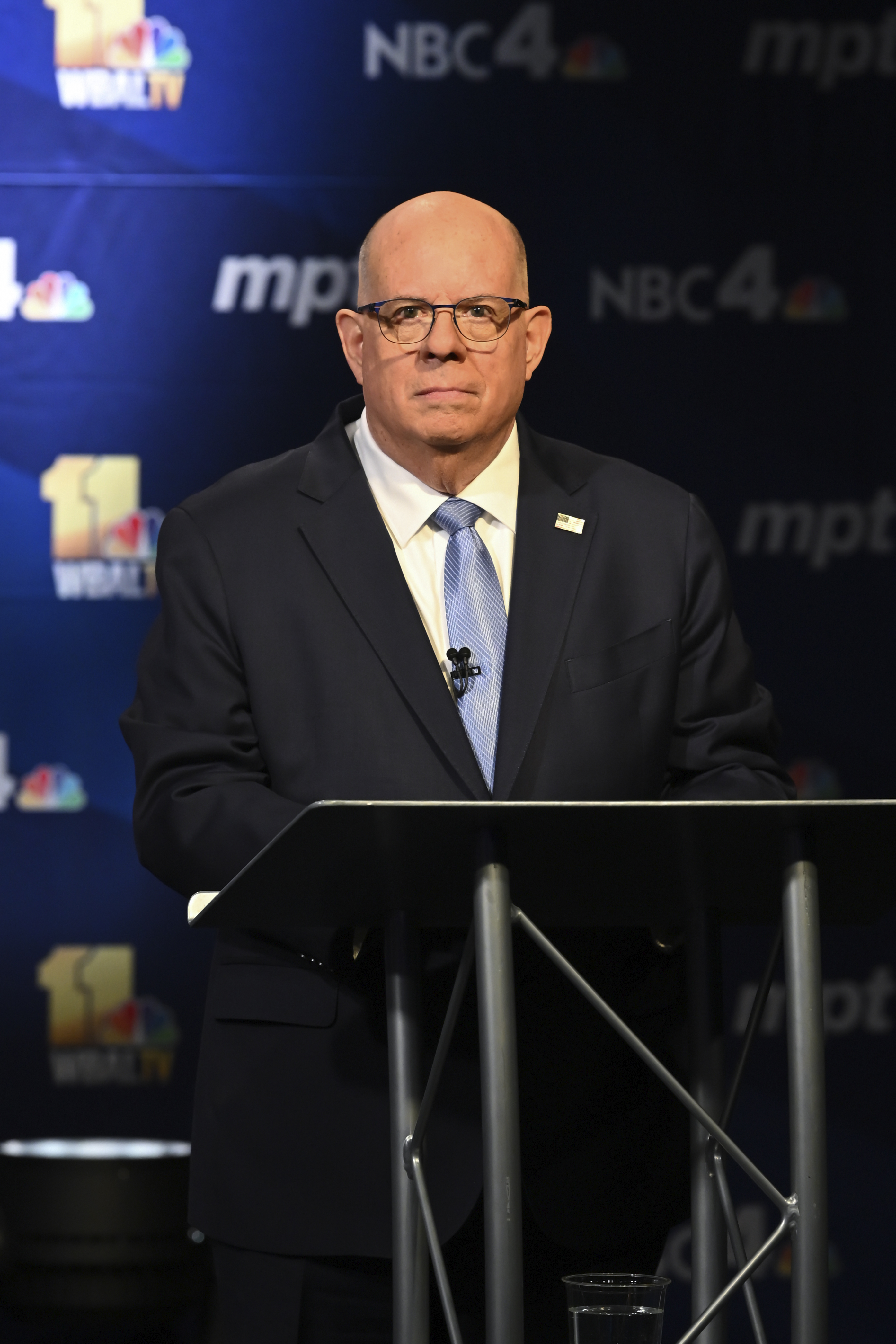 In this photo provided by Maryland Public Television, U.S. Senate in Maryland candidate Republican Larry Hogan speaks during a debate against fellow-candidate, Democrat Angela Alsobrooks at Maryland Public Television in Owings Mills, Md., Thursday, Oct. 10, 2024. (Michael Ciesielski Photography/Maryland Public Television via AP)