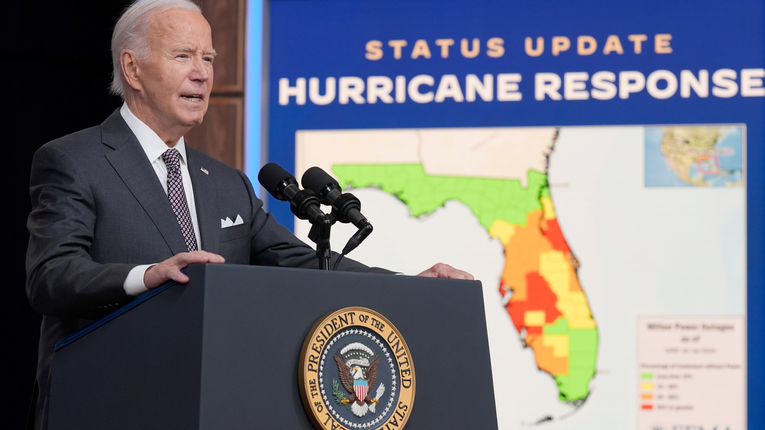 President Joe Biden speaks and gives an update on the impact and the ongoing response to Hurricane Milton, in the South Court Auditorium on the White House complex in Washington, Thursday, Oct. 10, 2024. (AP Photo/Susan Walsh)