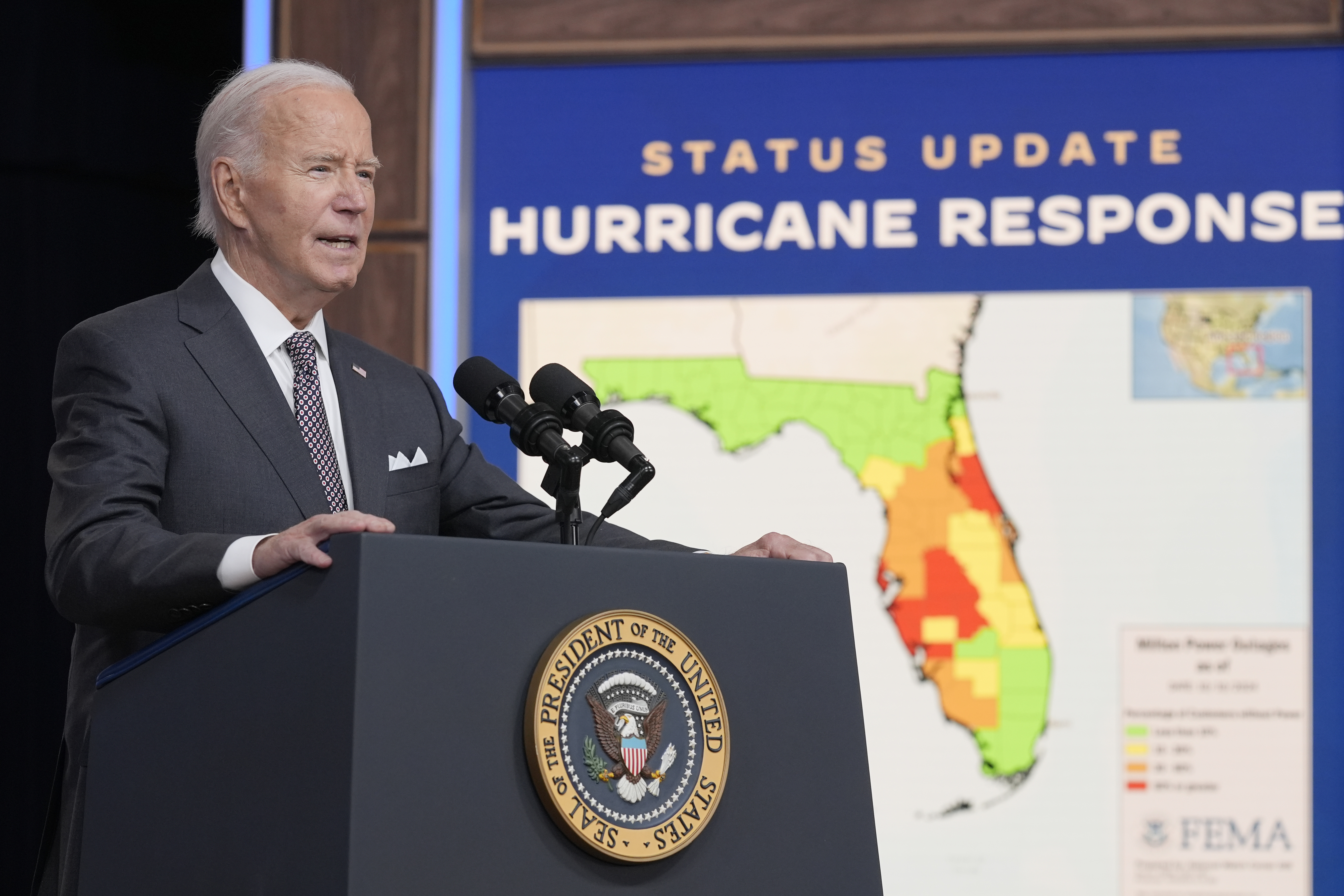 President Joe Biden speaks and gives an update on the impact and the ongoing response to Hurricane Milton, in the South Court Auditorium on the White House complex in Washington, Thursday, Oct. 10, 2024. (AP Photo/Susan Walsh)