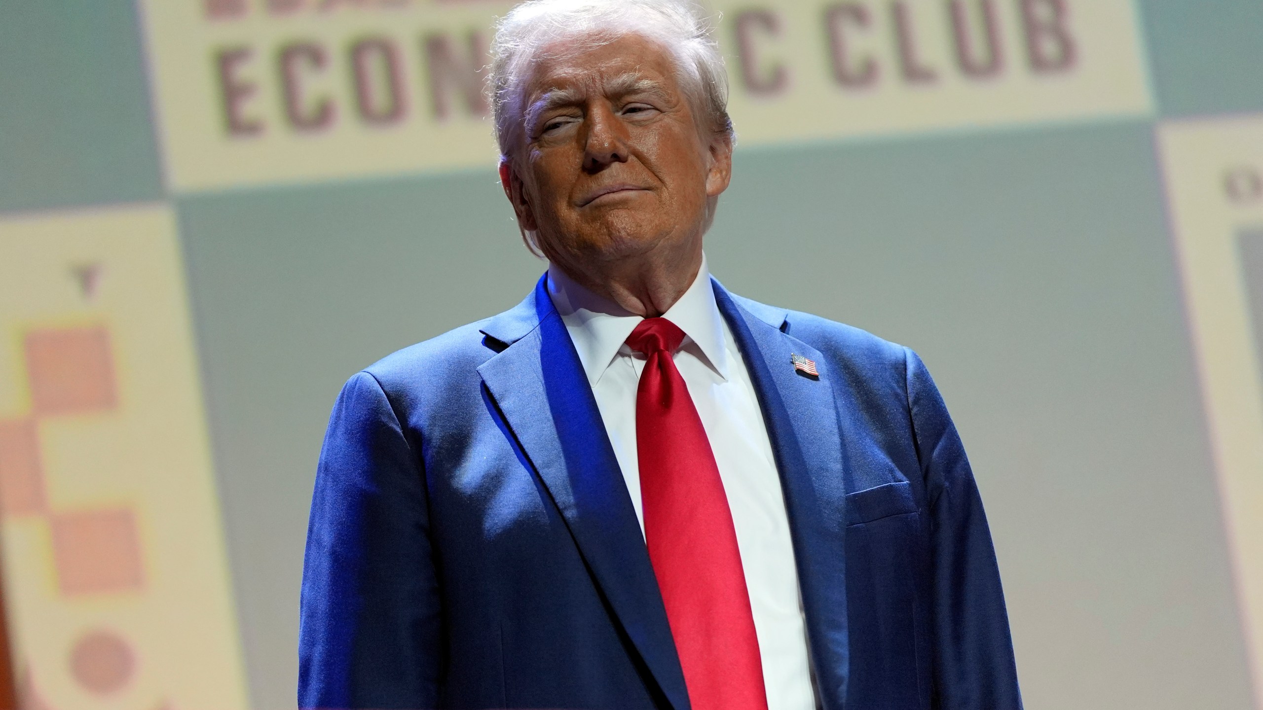 Republican presidential nominee former President Donald Trump arrives to speak at a meeting of the Detroit Economic Club, Thursday, Oct. 10, 2024, in Detroit. (AP Photo/Julia Demaree Nikhinson)